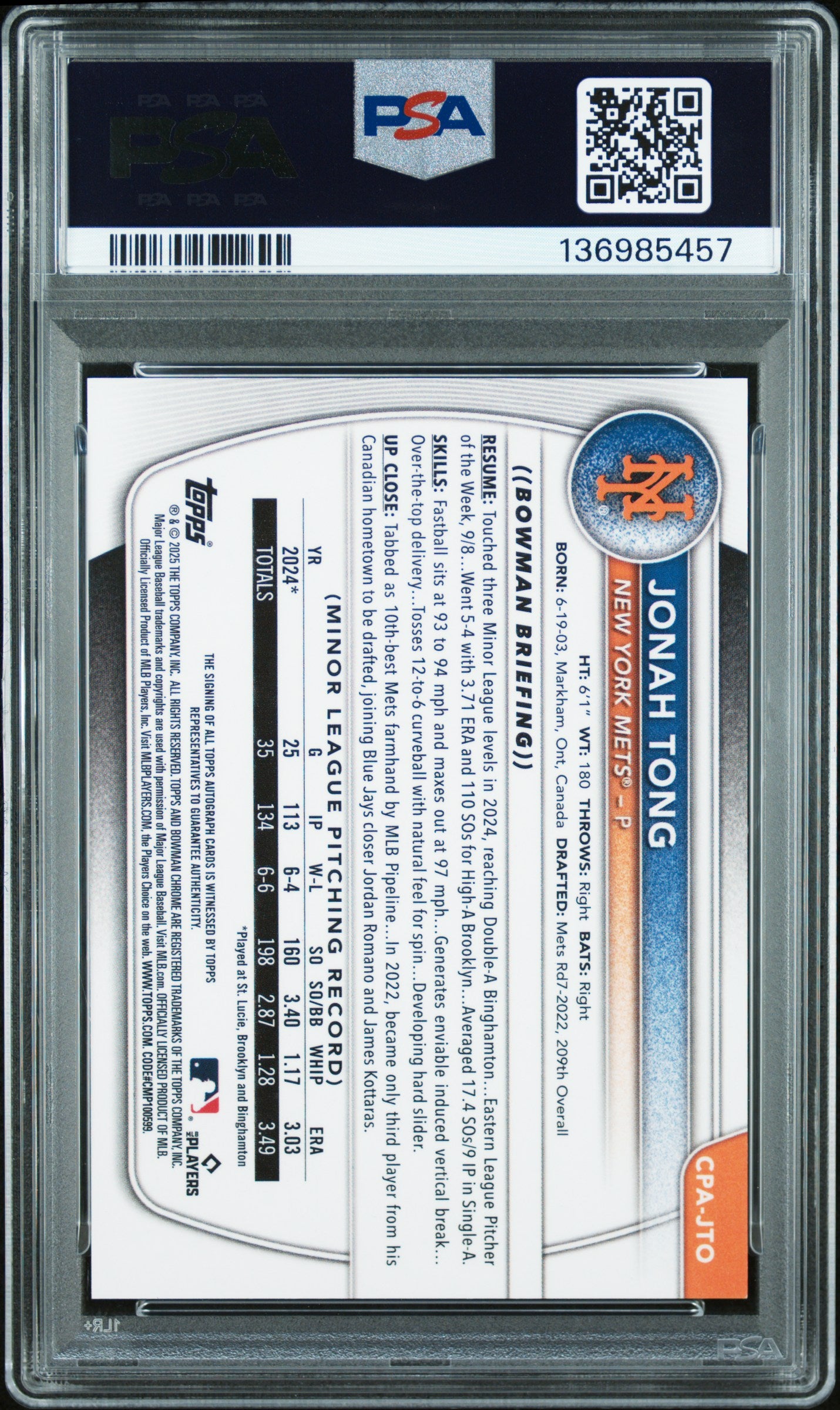 2025 Bowman Chrome Prospect Autographs Jonah Tong #CPAJTO Purple Ref /250 PSA 10