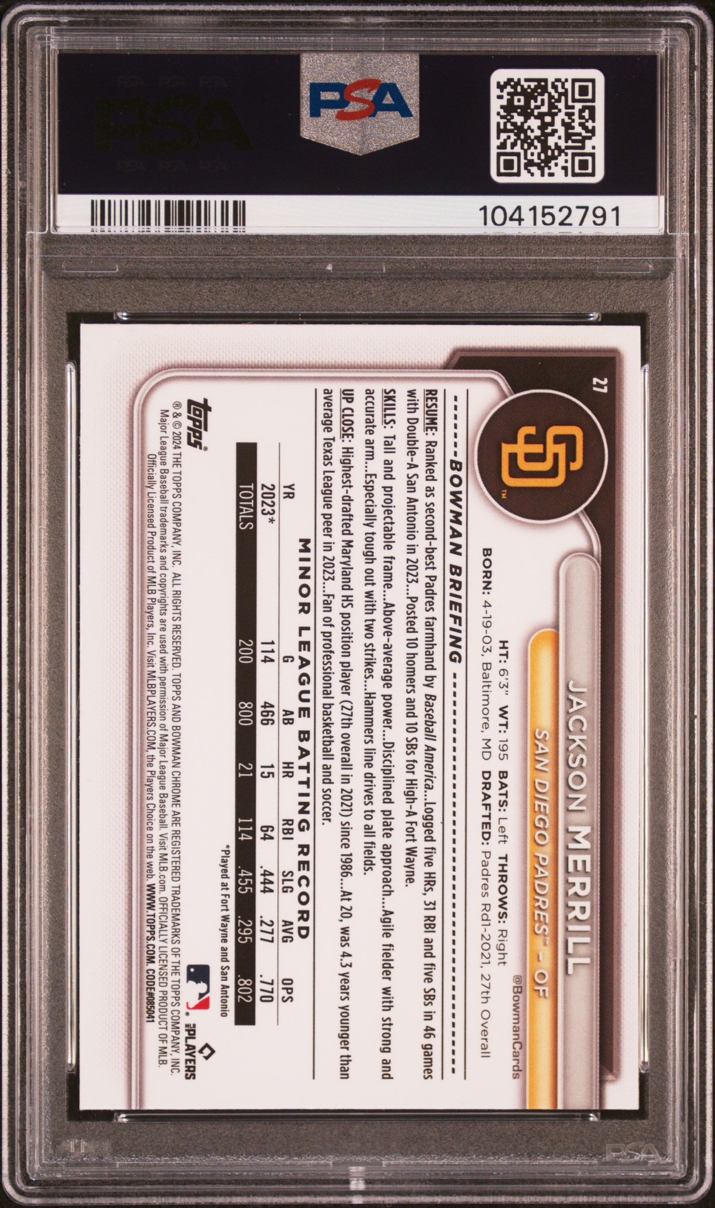 2024 Bowman Chrome Jackson Merrill #27 PSA 10