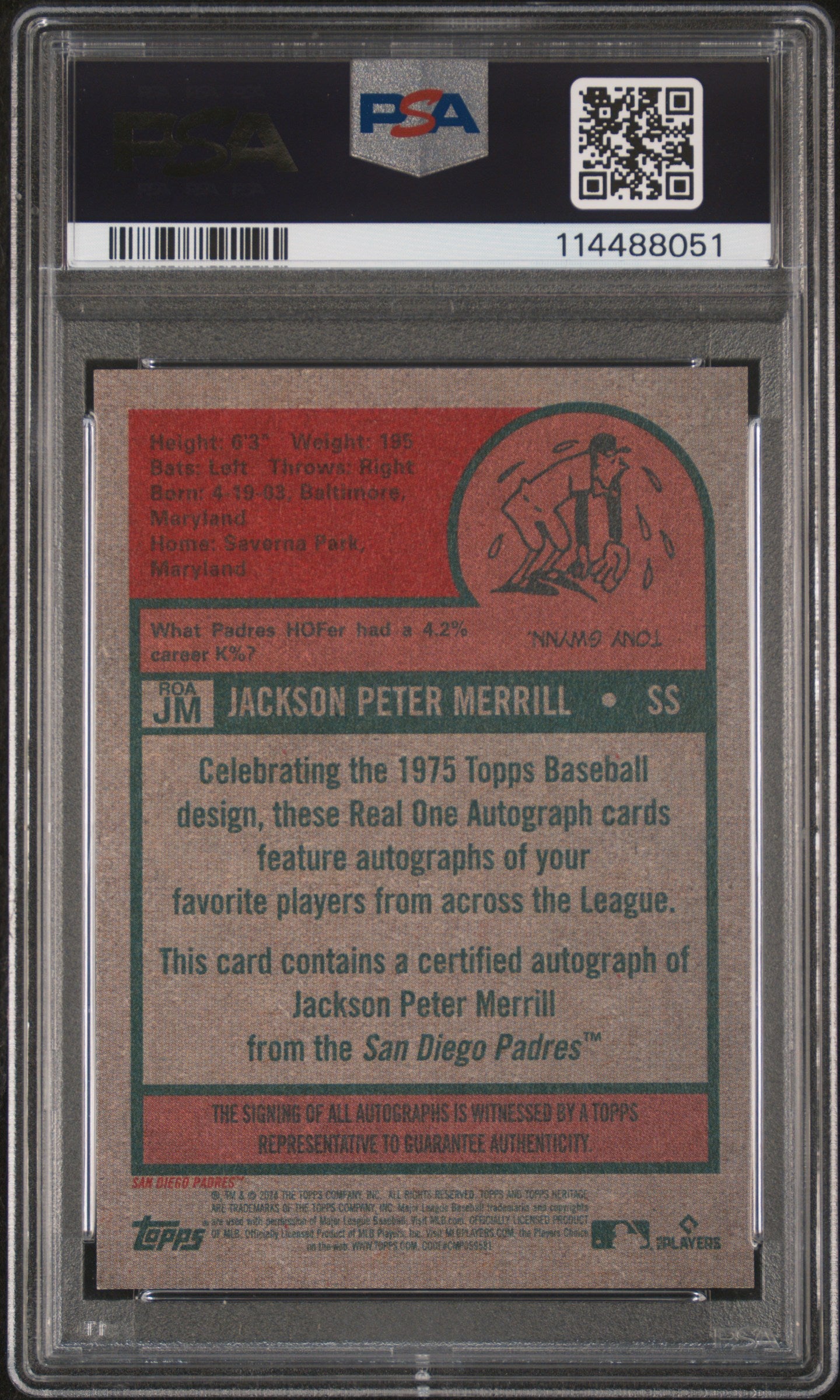 2024 Topps Heritage Real One Autographs Jackson Merrill #ROAJM Red Ink /75 PSA 9