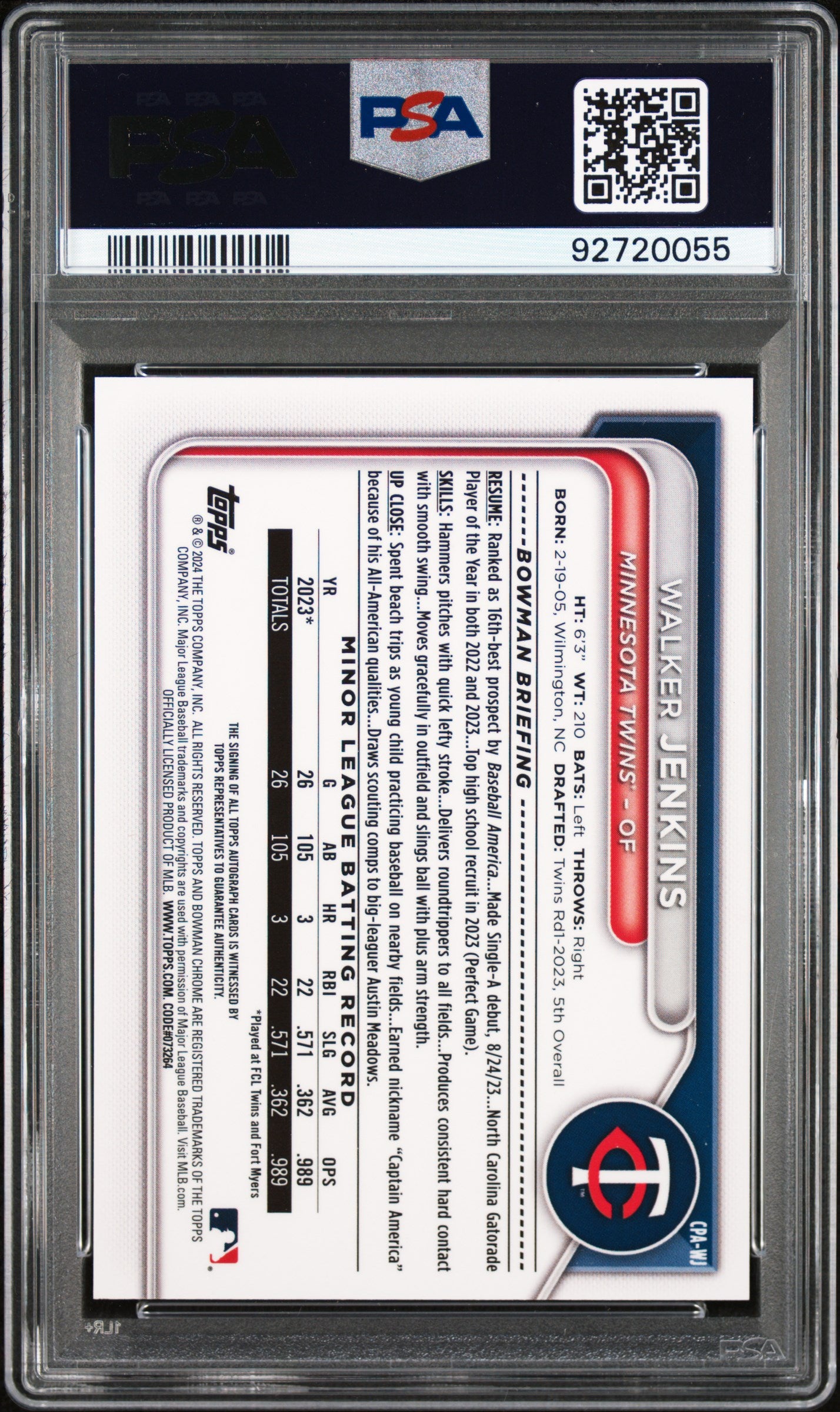 2024 Bowman Chrome Prospect Auto Walker Jenkins #CPAWJ GRN Lava /99 PSA 9