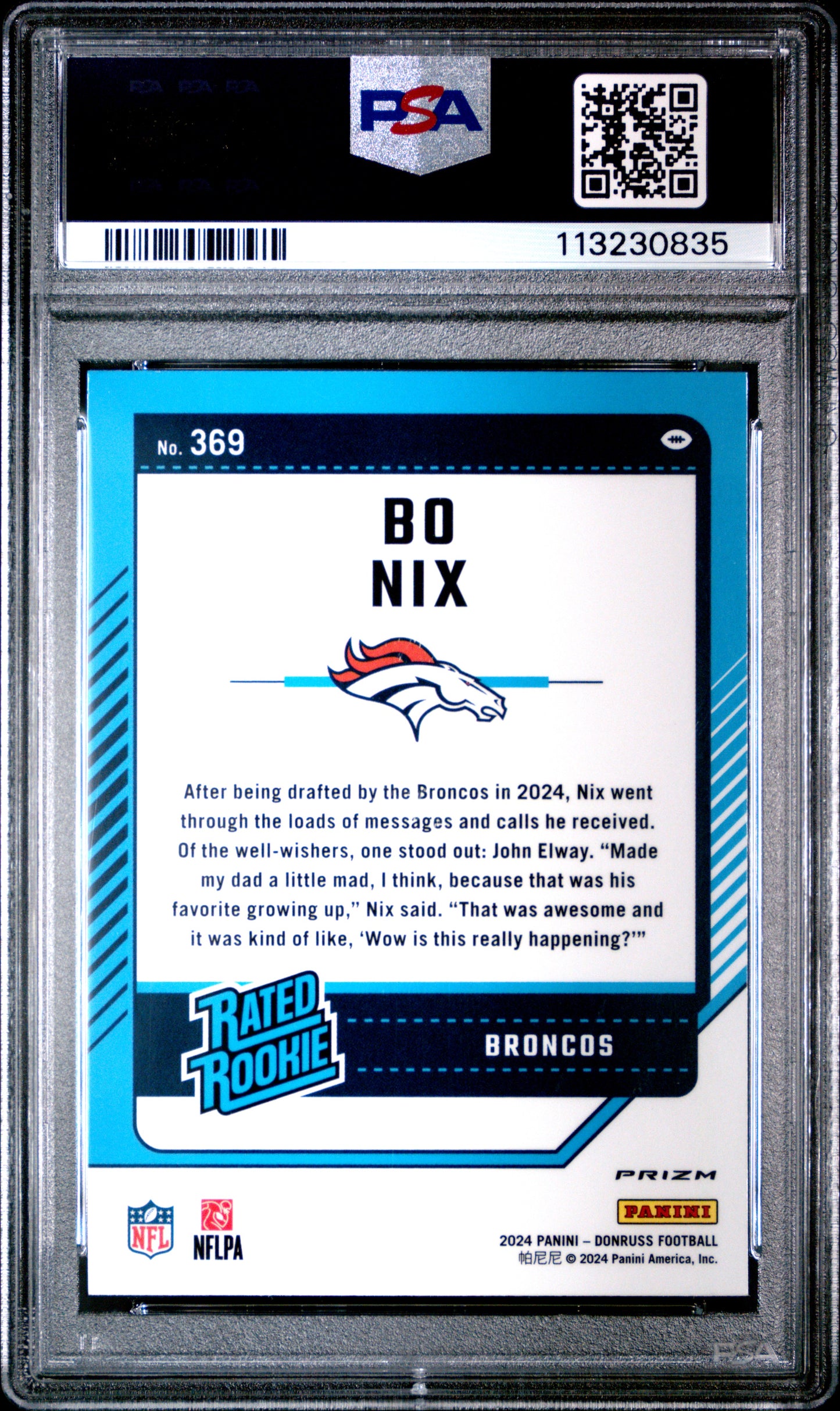 2024 Panini Donruss Bo Nix #369 Optic Preview Blue Scope PSA 10