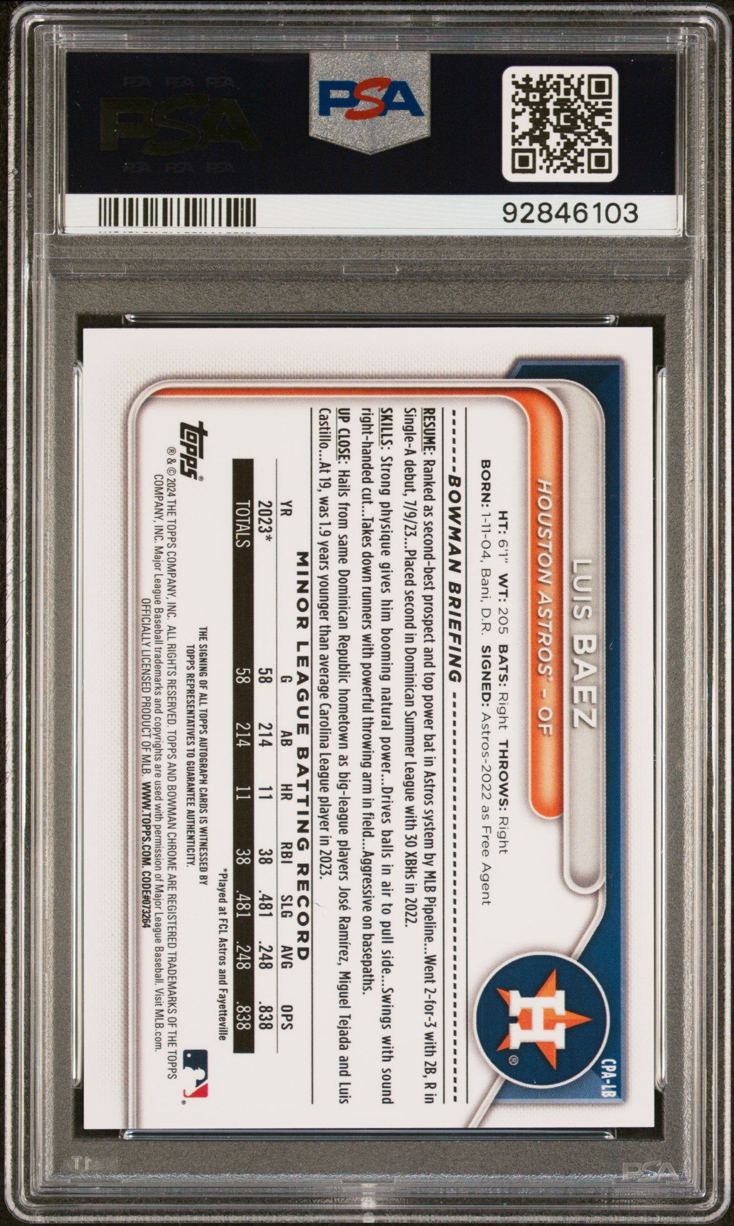 2024 Bowman Chrome Prospect Autographs Luis Baez GRN Lava /99 PSA 10