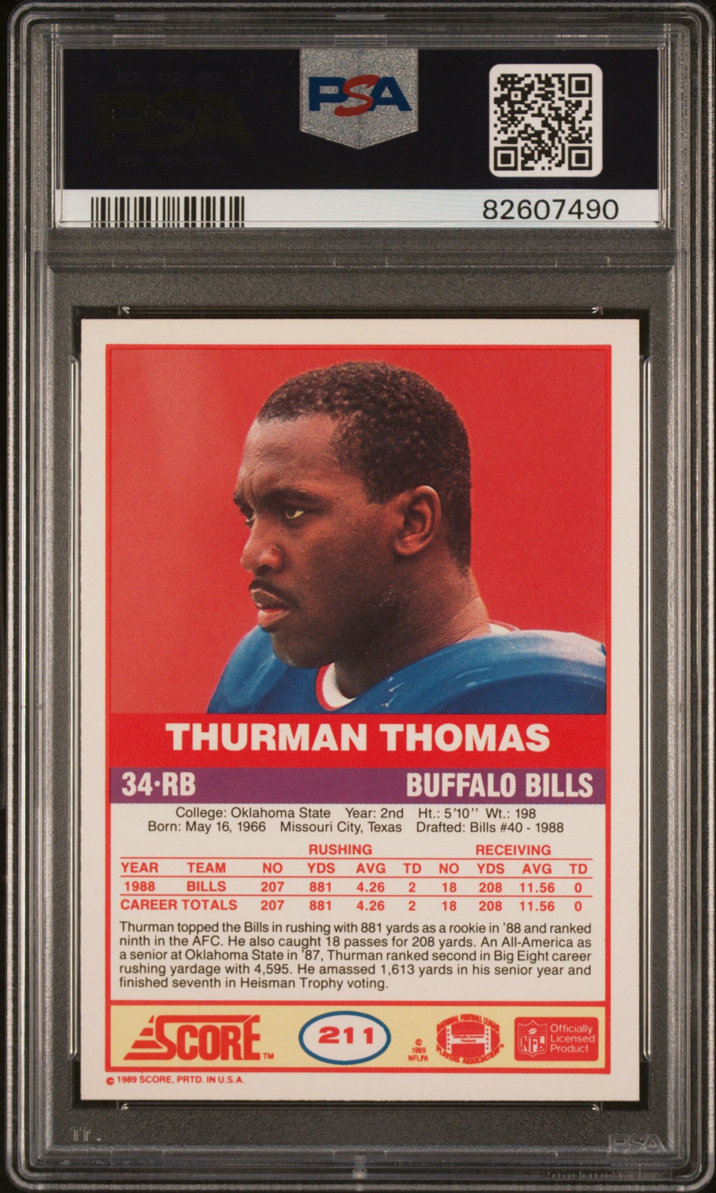 1989 Score Thurman Thomas #211 PSA 8