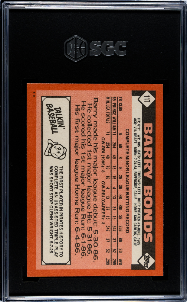 1986 Topps Traded Barry Bonds #11T SGC 9