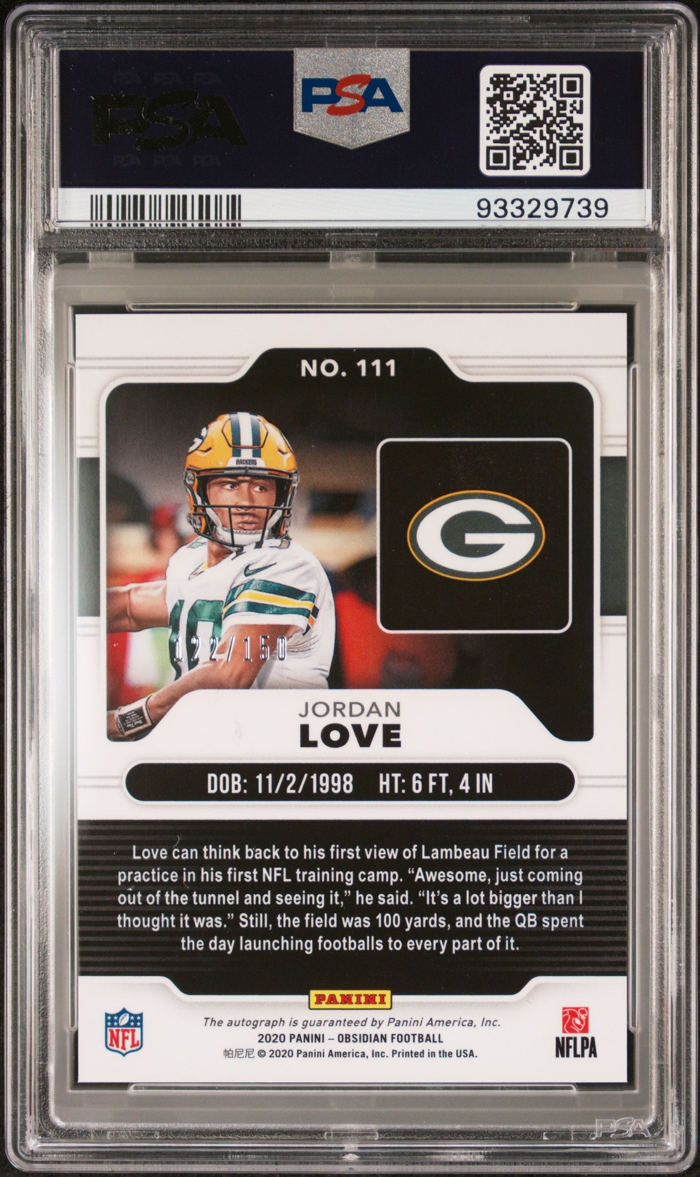 2020 Panini Obsidian Jordan Love #111 Autograph PSA 10