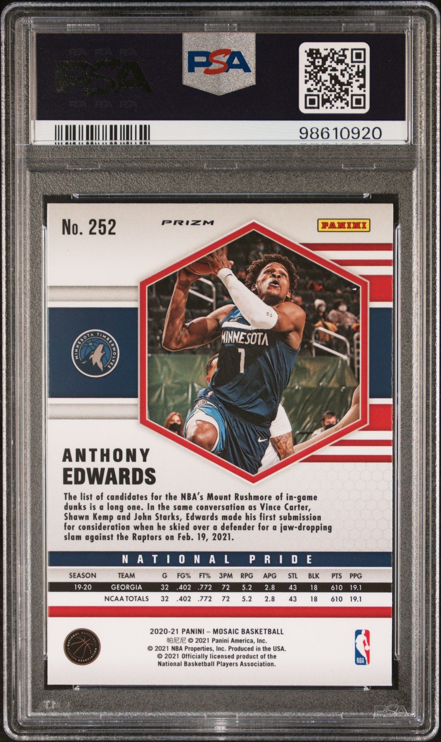 2020 Panini Mosaic Anthony Edwards #252 Reactive Orange PSA 10