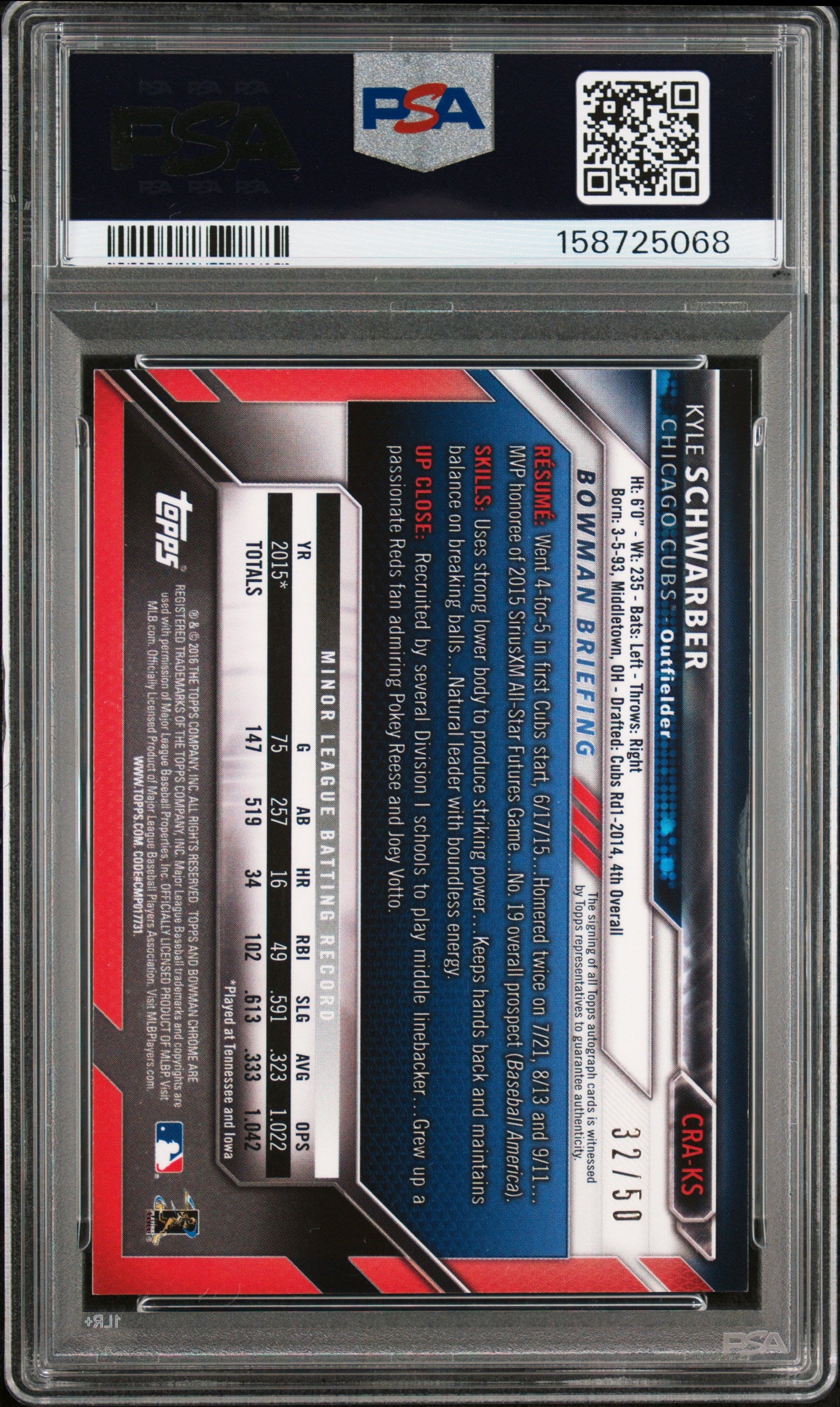 2016 Bowman Chrome Rookie Autographs Kyle Schwarber /50 Auto Gold PSA 8