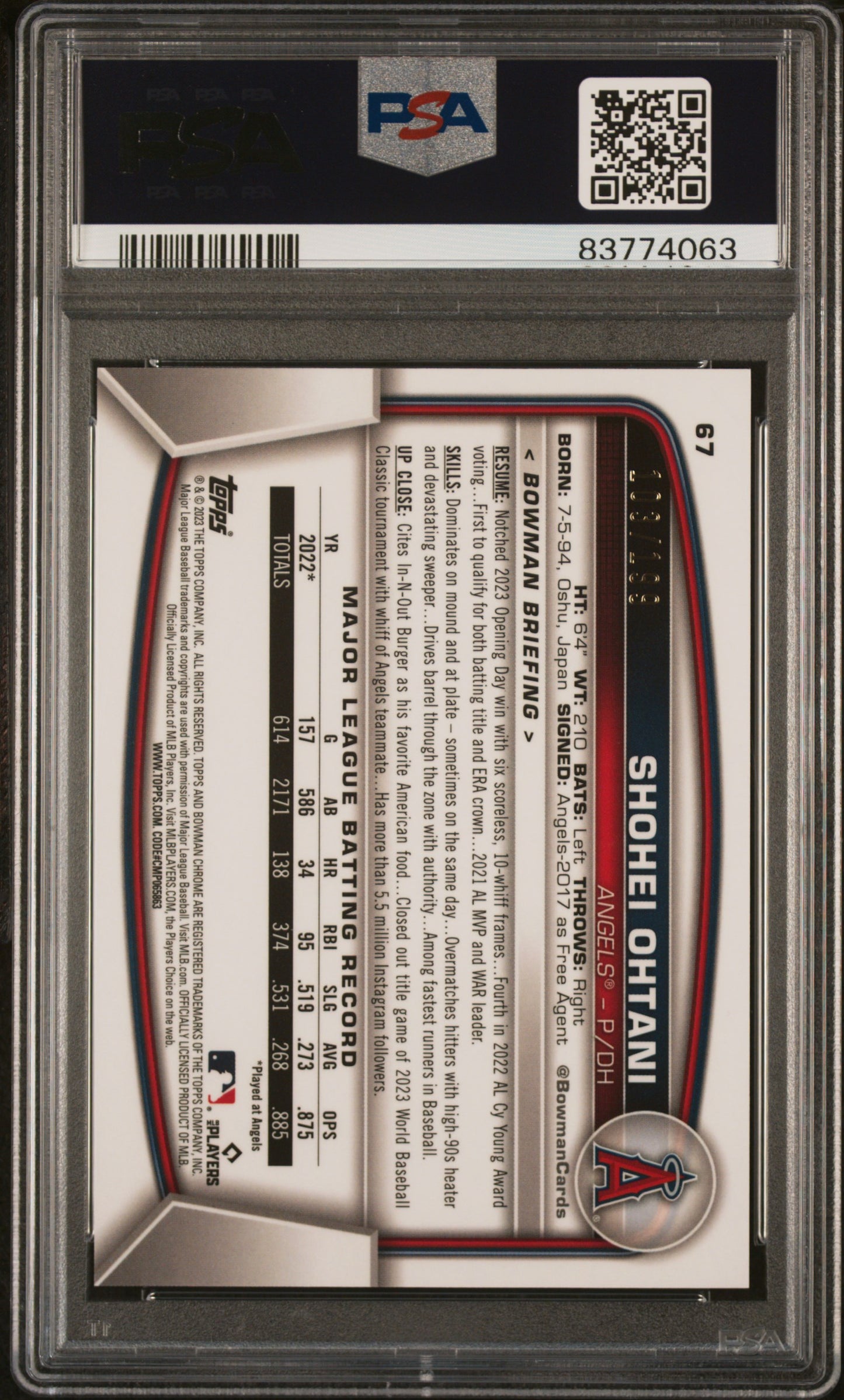 2023 Bowman Chrome Shohei Ohtani #67 Aqua Raywave PSA 10