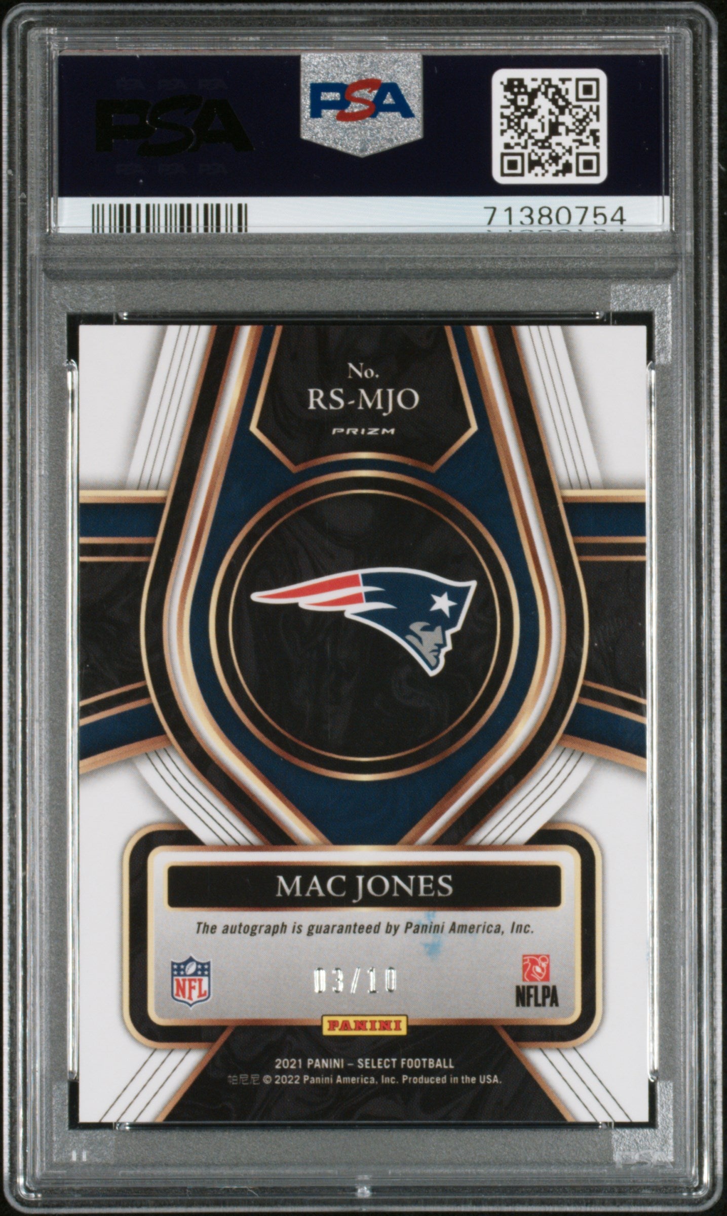 2021 Panini Select Rookie Signatures Mac Jones #RSMJO RK. SIG Gold Prizm PSA 10