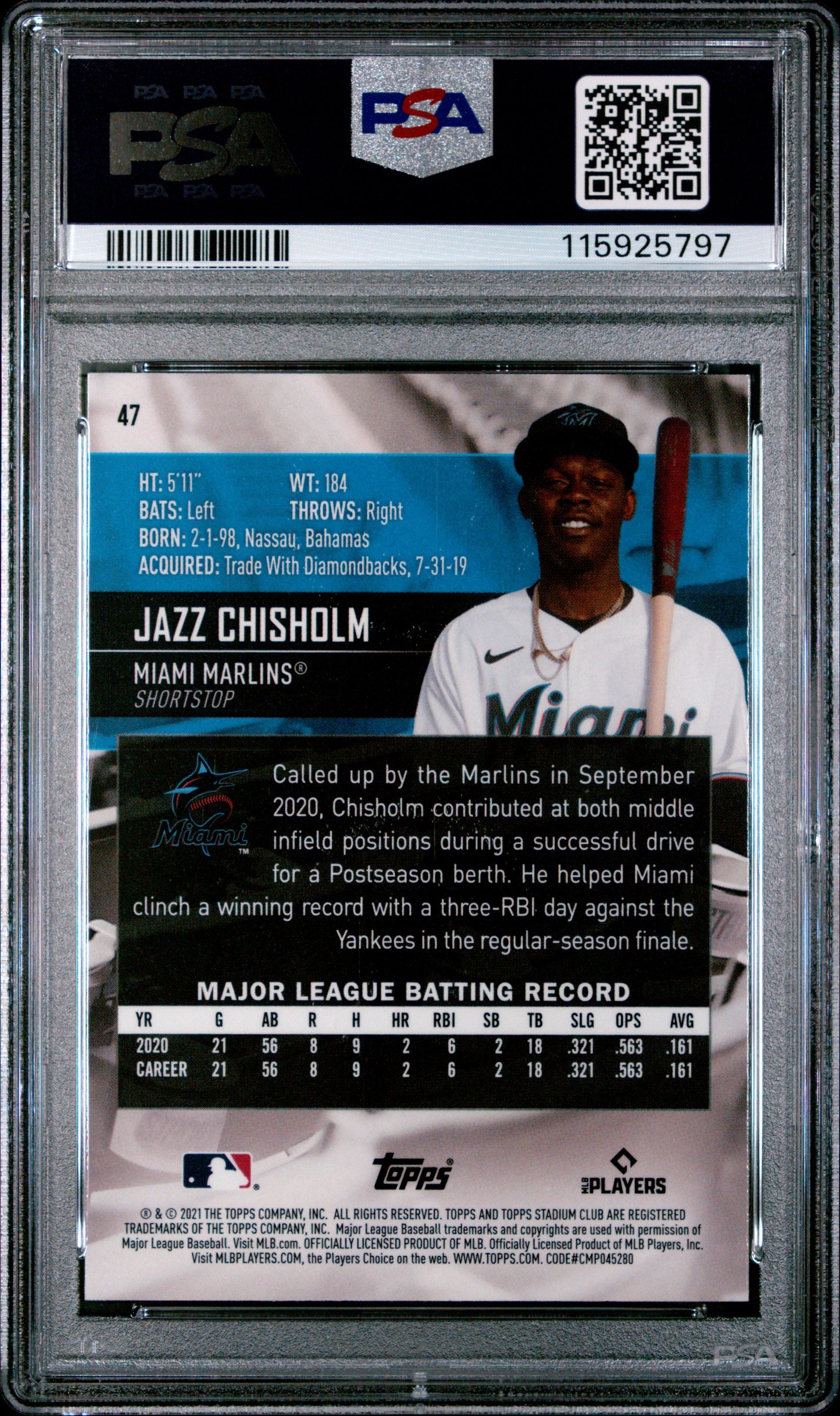 2021 Topps Stadium Club Chrome Jazz Chisholm JR. #47 Gold Minted PSA 10