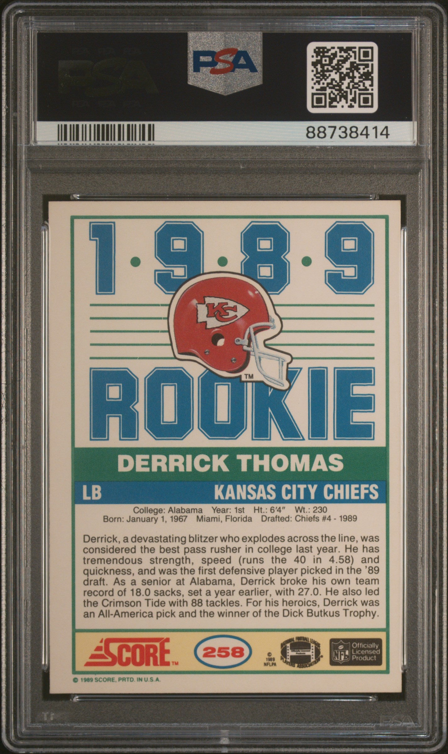 1989 Score Derrick Thomas #258 PSA 7