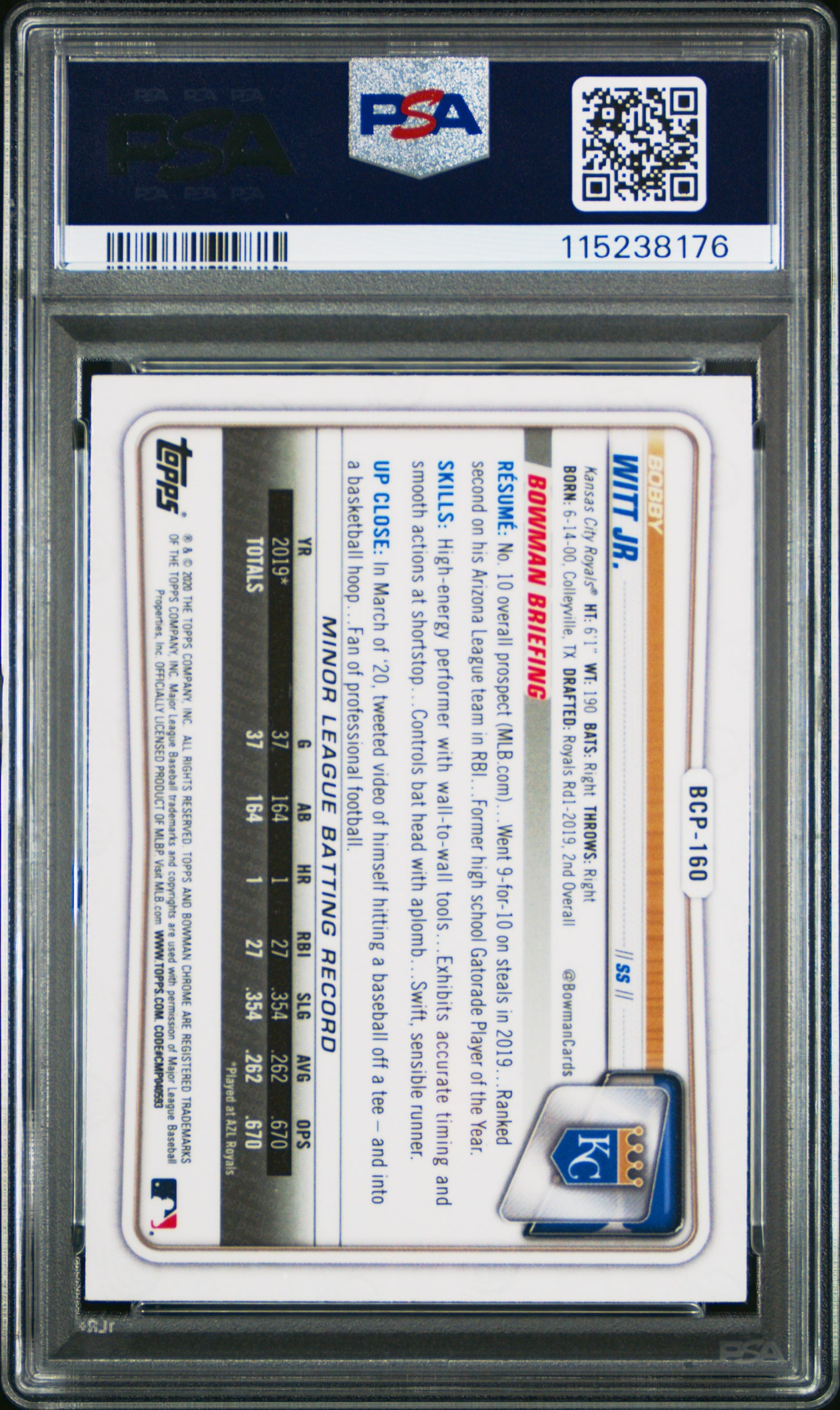 2020 Bowman Chrome Mega Box Bobby Witt JR. #BCP160 PSA 10