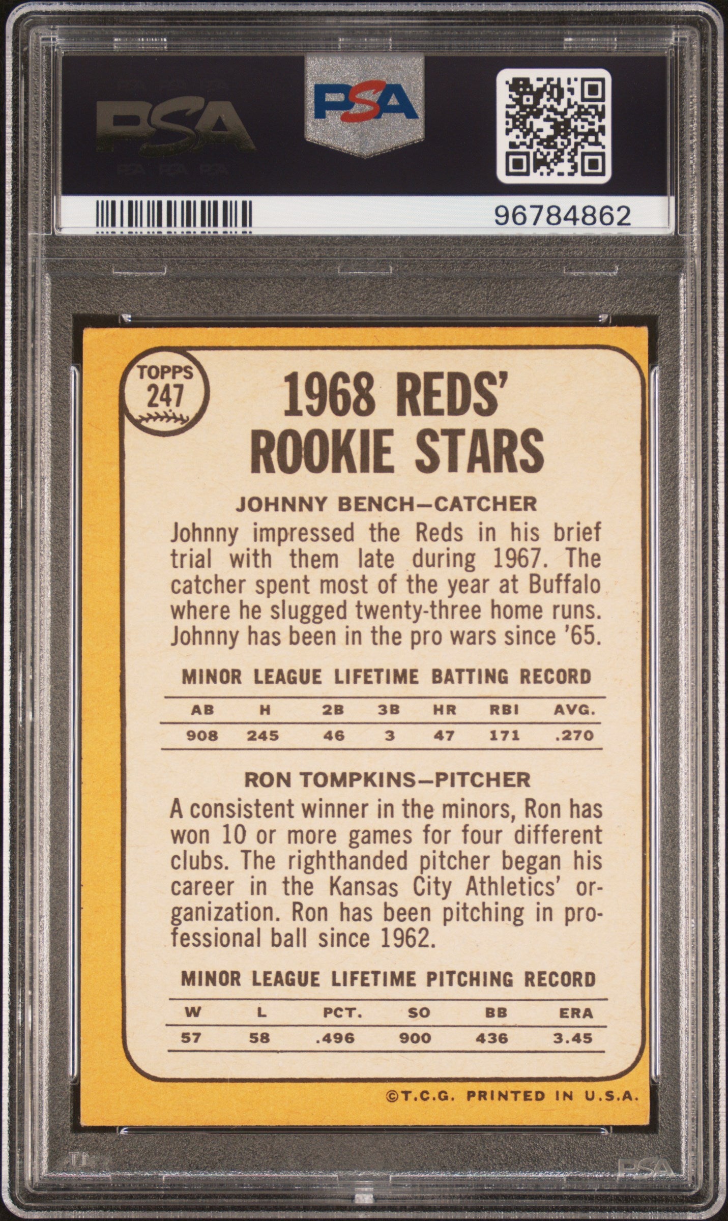 1968 Topps Reds Rookies #247 J. Bench R. Tompkins PSA 4