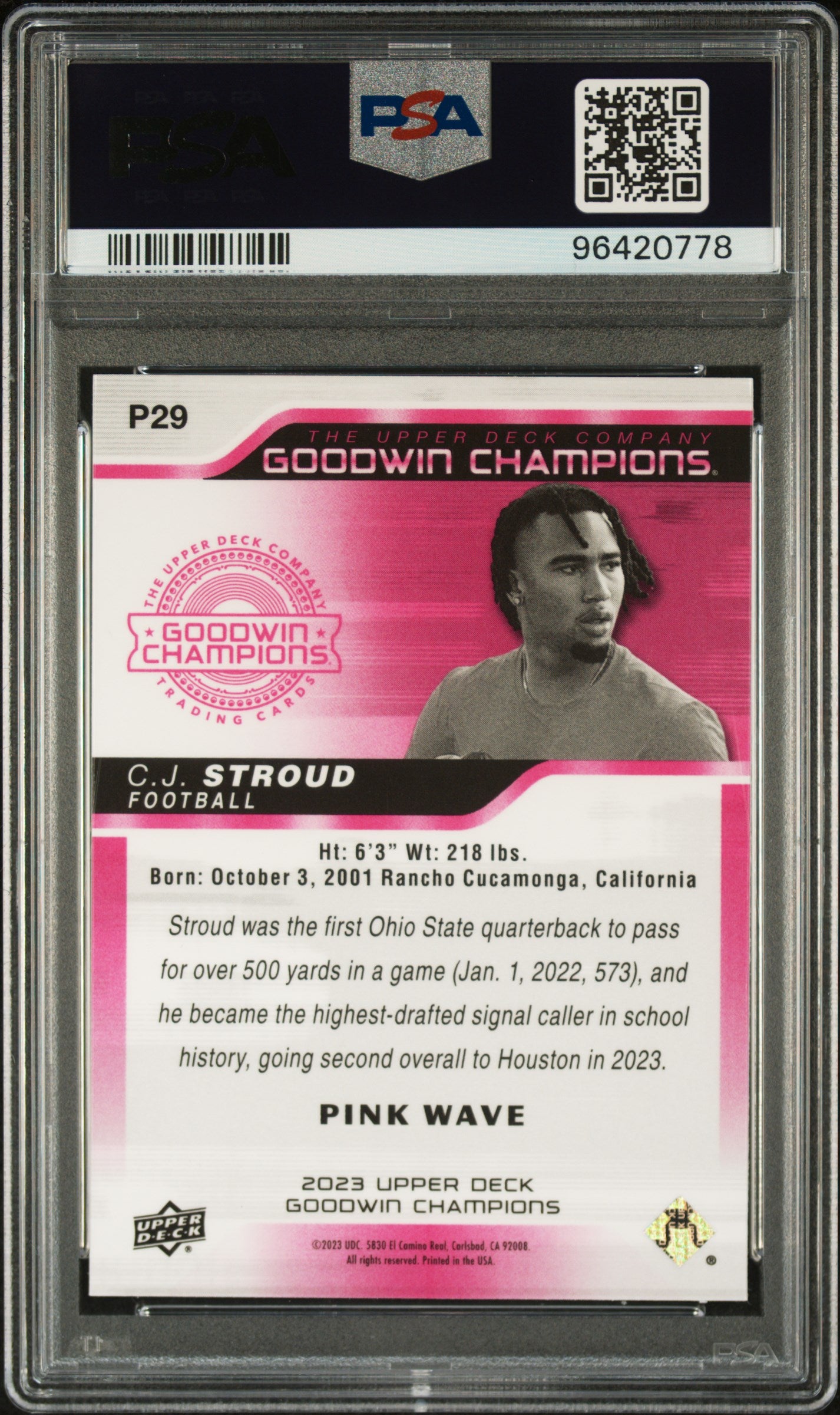 2023 Upper Deck Goodwin Champions Platinum CJ Stroud #29 Pink Wave PSA 9