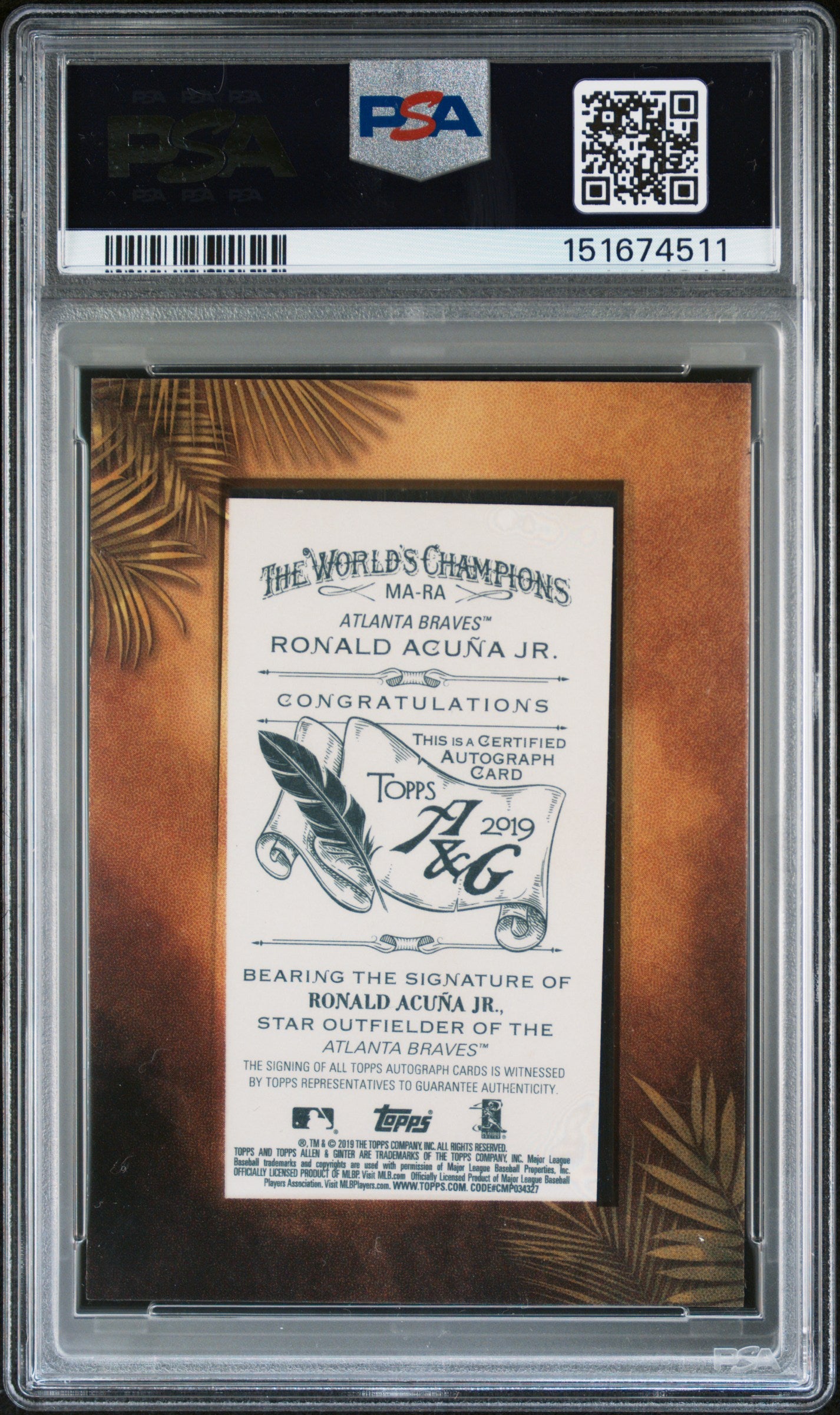 2019 Topps Allen & Ginter Mini Autographs Ronald Acuna JR. #MA-RA Framed PSA 10