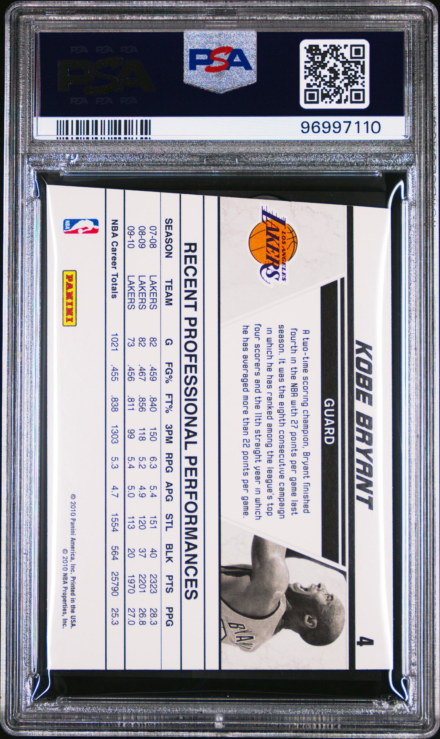 2010 Donruss Production Line Kobe Bryant #4 Prod. Emerald PSA 10