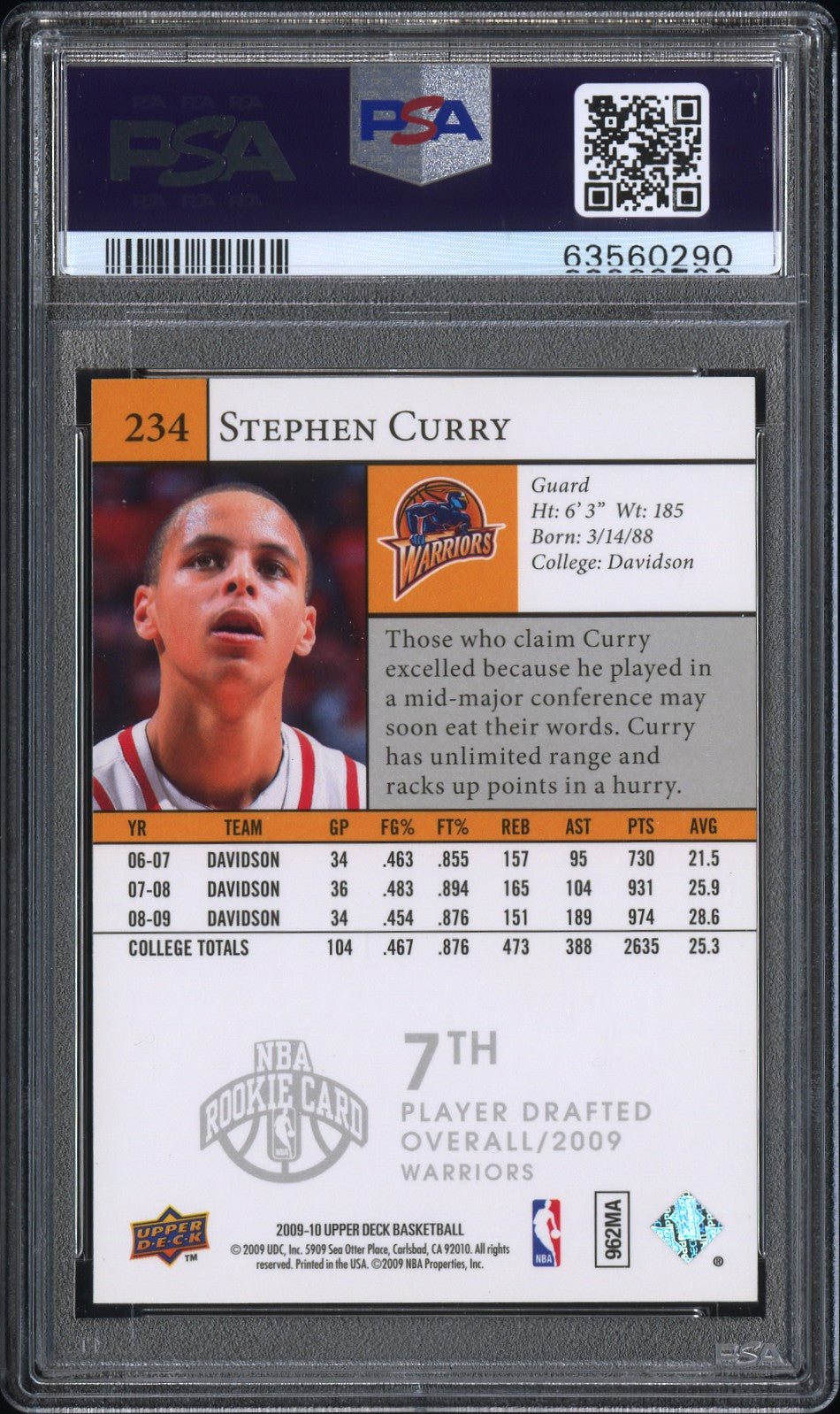 2009 Upper Deck Stephen Curry #234 PSA 8