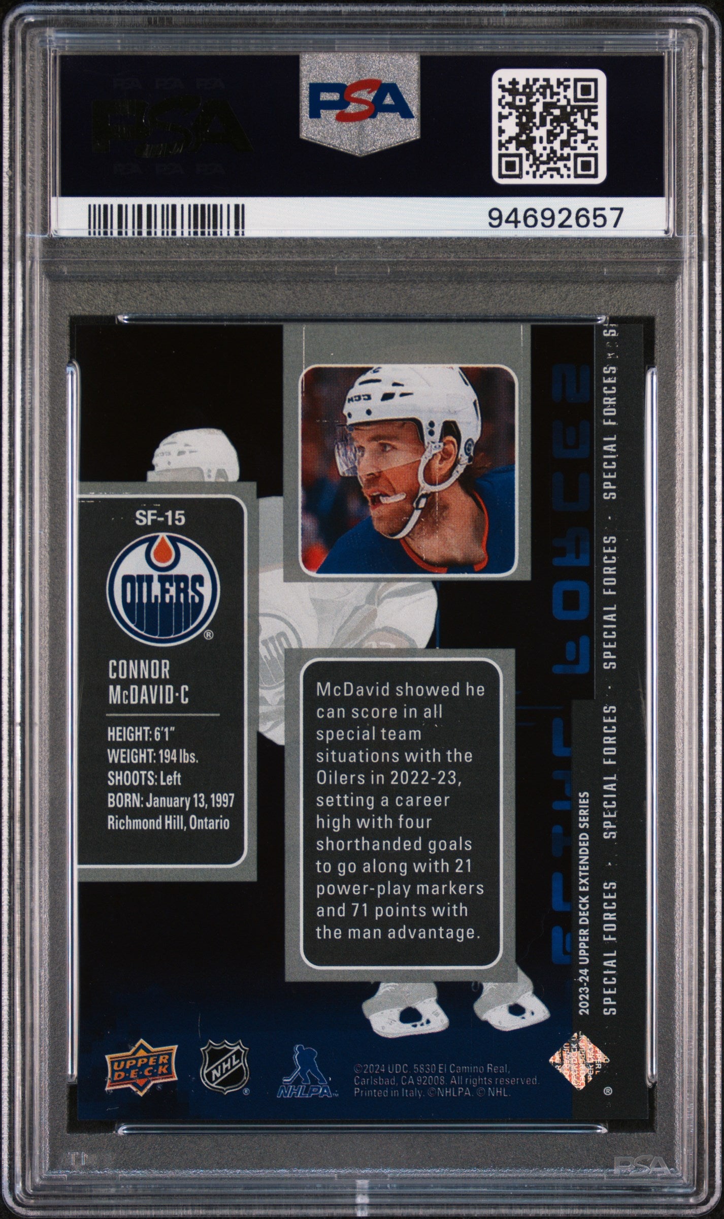 2023 Upper Deck Extended Series Special Forces Connor McDavid #SF15 PSA 9