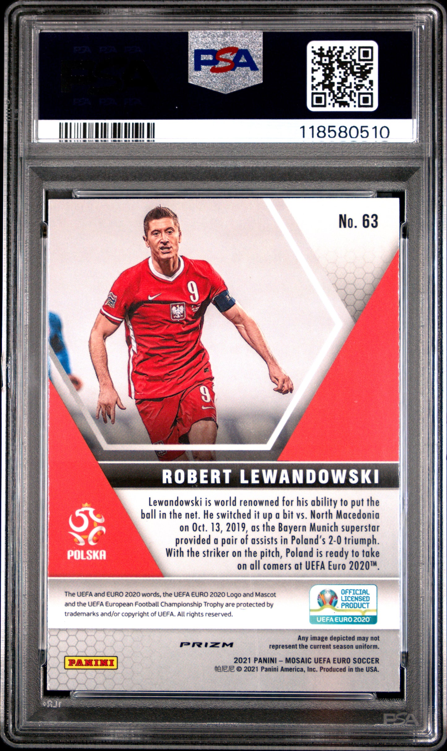 2020 Panini Mosaic UEFA Euro 2020 Robert Lewandowski #63 Peacock Choice PSA 10