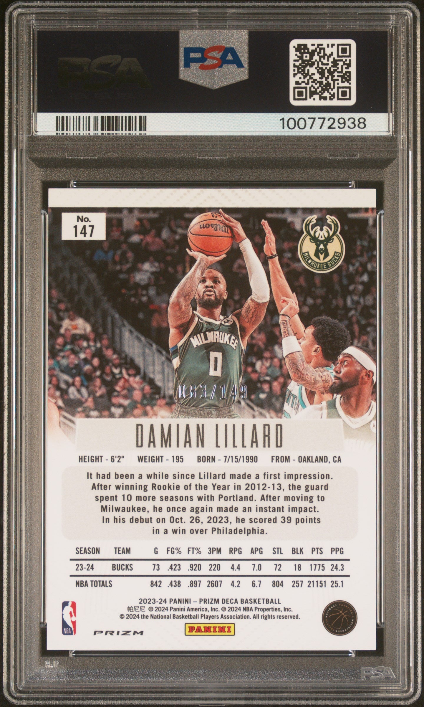 2023 Panini Prizm Deca Damian Lillard #147 Blue PSA 10