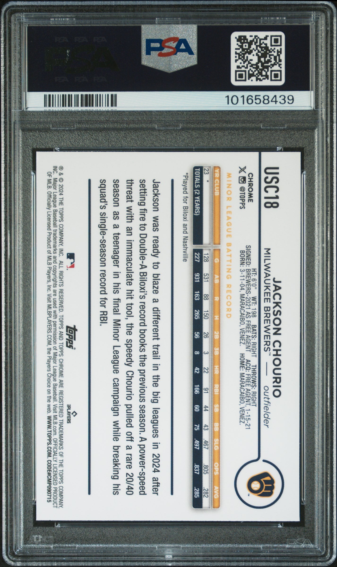 2024 Topps Chrome Update Jackson Chourio #USC18 Negative Refractor PSA 9