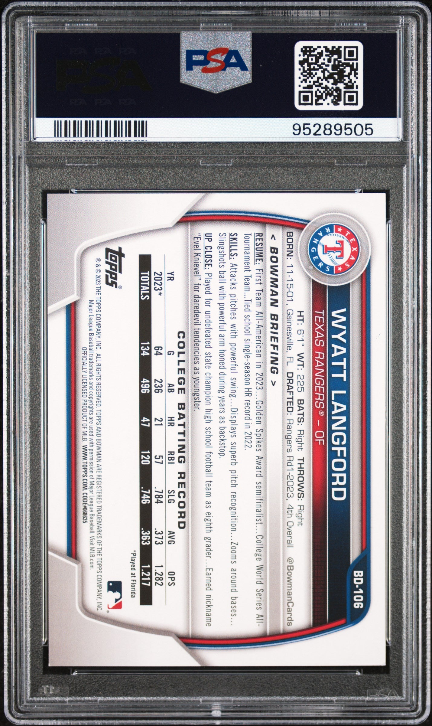 2023 Bowman Draft Wyatt Langford #BD106 PSA 8