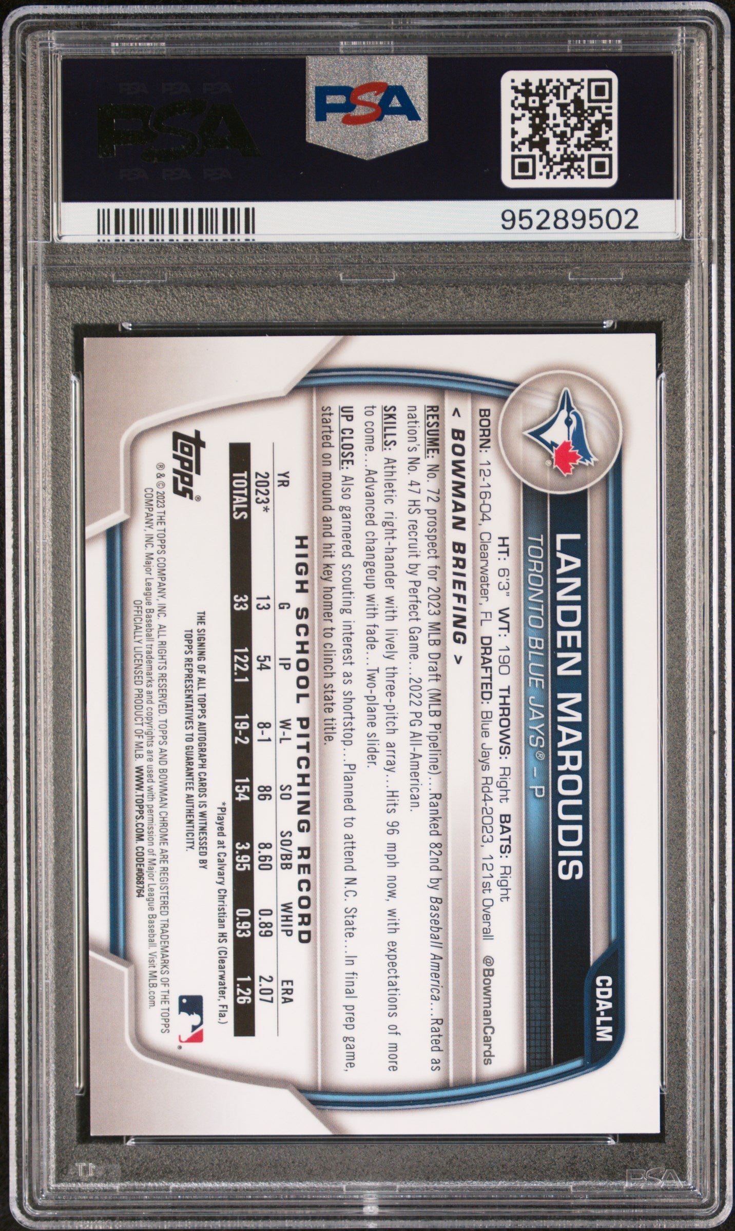 2023 Bowman Draft Chrome Prospect Autograph Landen Maroudis #CDALM PSA 9