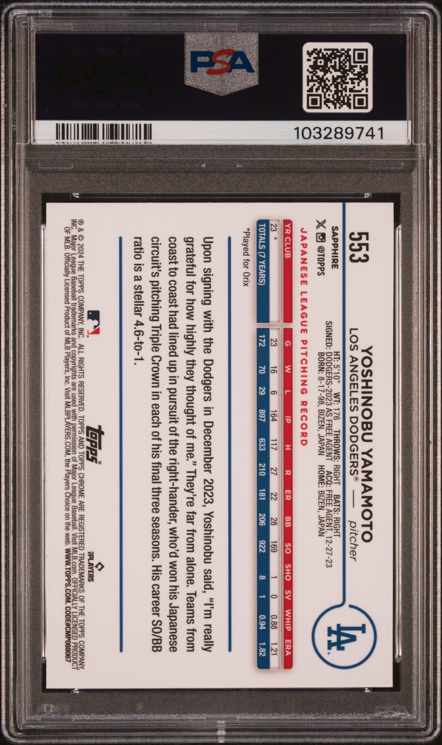2024 Topps Chrome Sapphire Yoshinobu Yamamoto #553 PSA 10