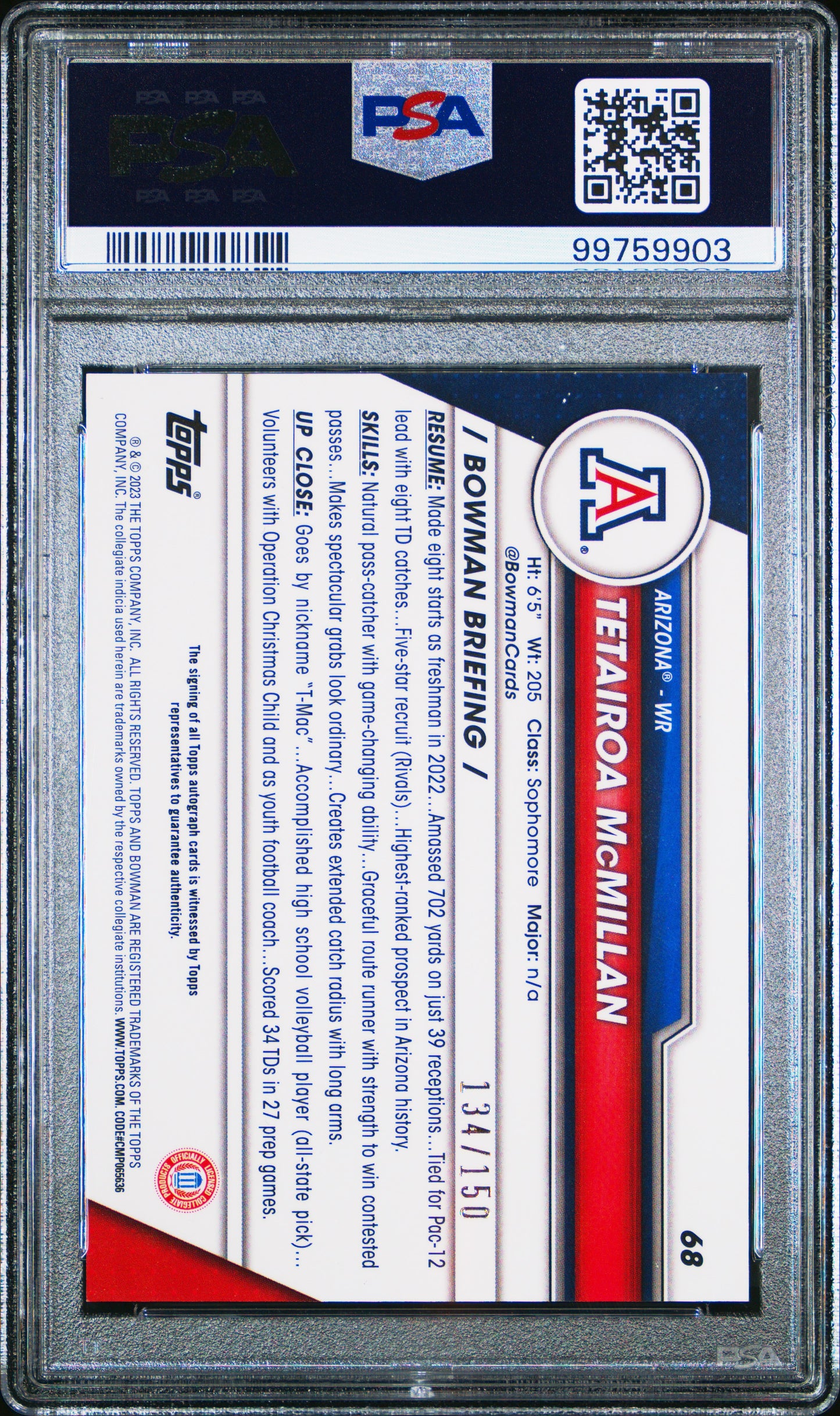 2023 Bowman University Chrome Tetairoa Mcmillan #68 Mini Diamond Ref PSA 9