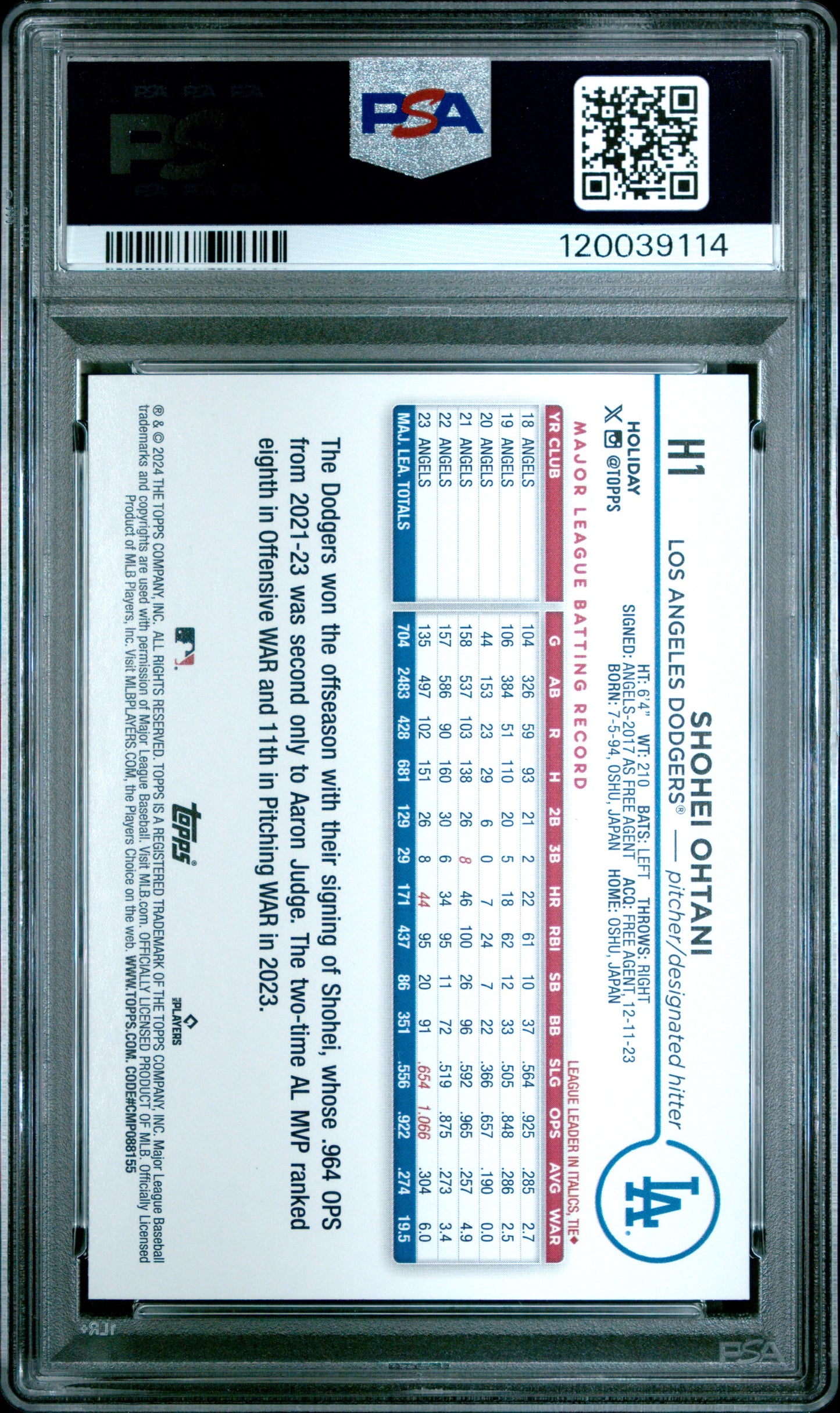 2024 Topps Holiday Shohei Ohtani #H1 Variation PSA 10