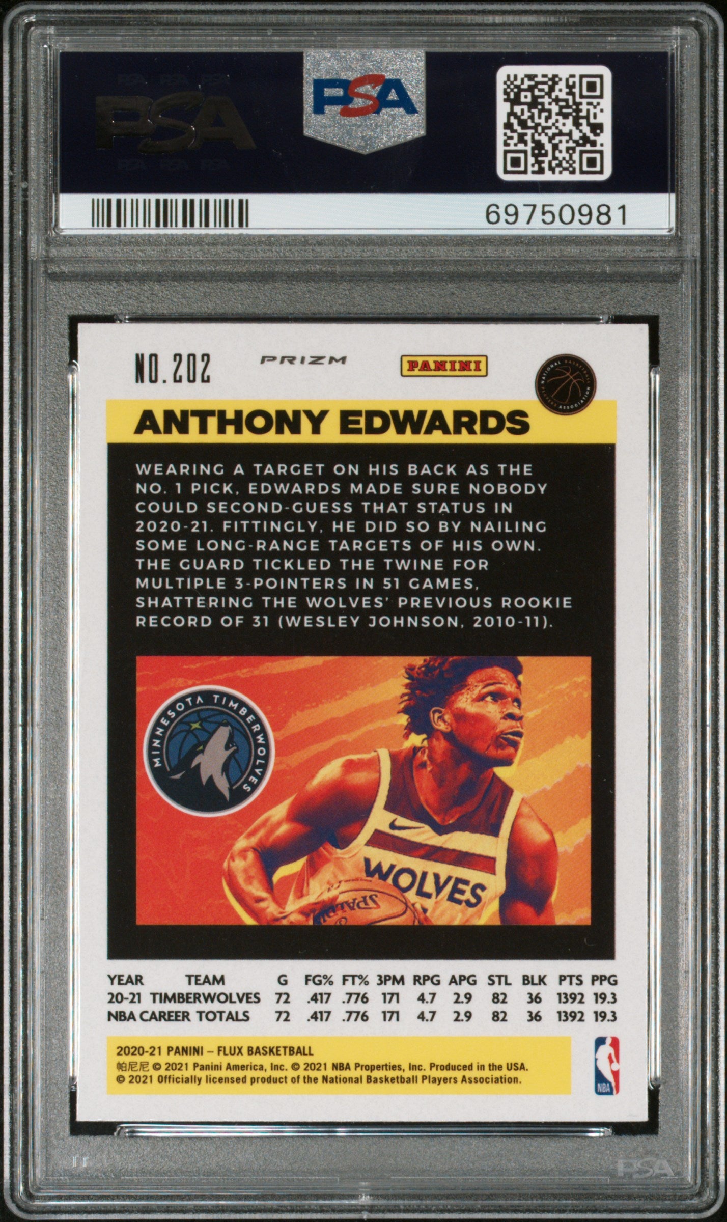 2020 Panini Flux Anthony Edwards #202 Fanatics Cracked Ice PSA 9
