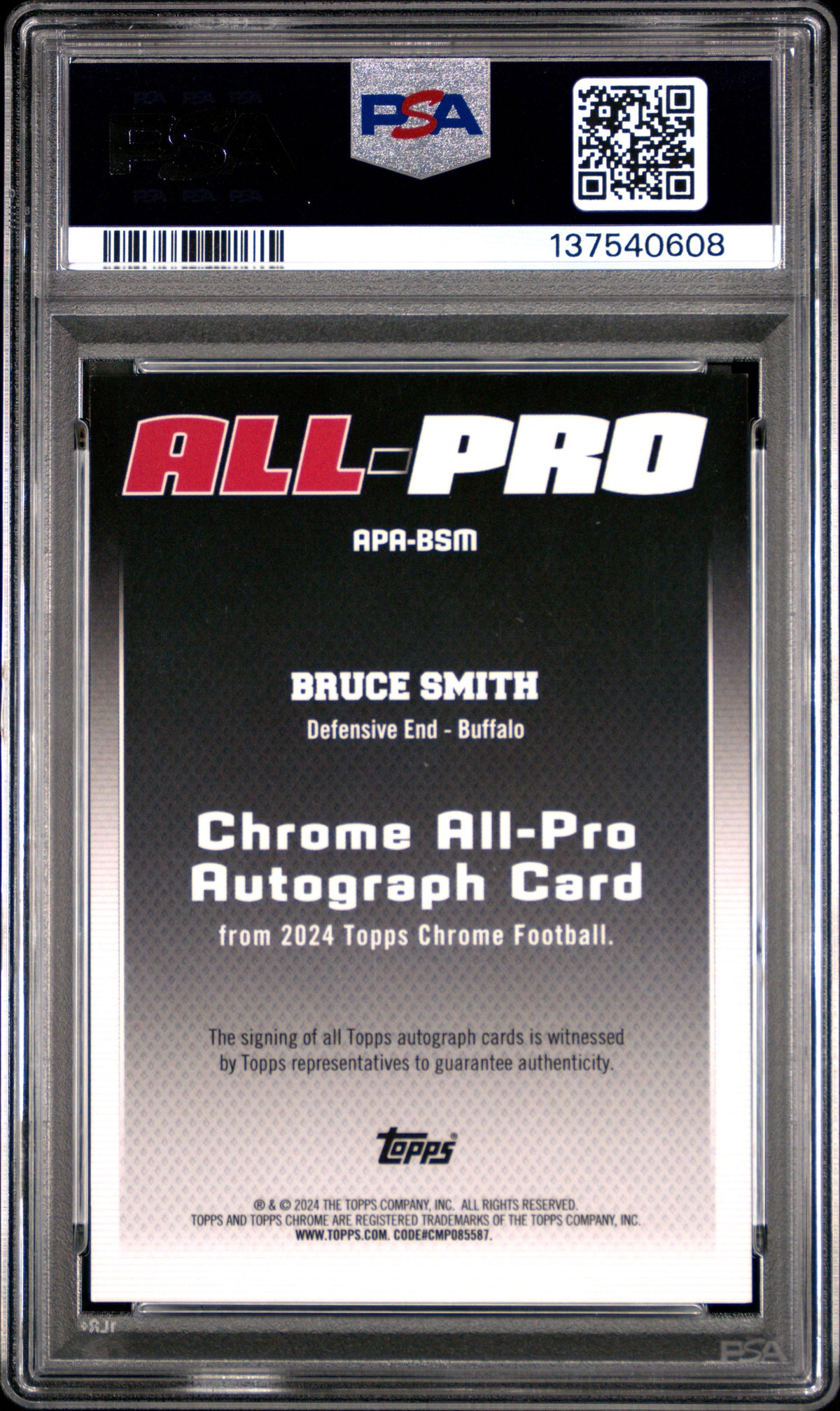 2024 Topps Chrome Chrome All-Pro Autographs Bruce Smith #APABSM Red Ref /5 PSA 9