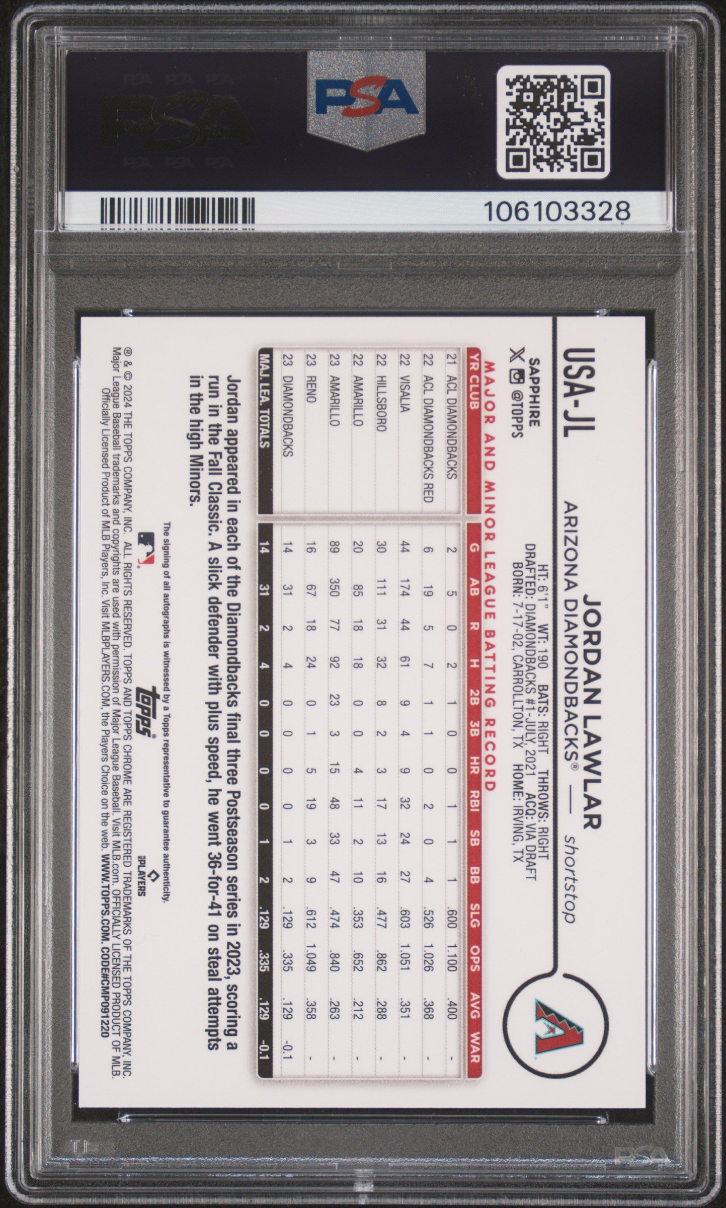 2024 Topps Chrome Sapphire Sapphire Autographs Jordan Lawlar Green 99/99 PSA 10