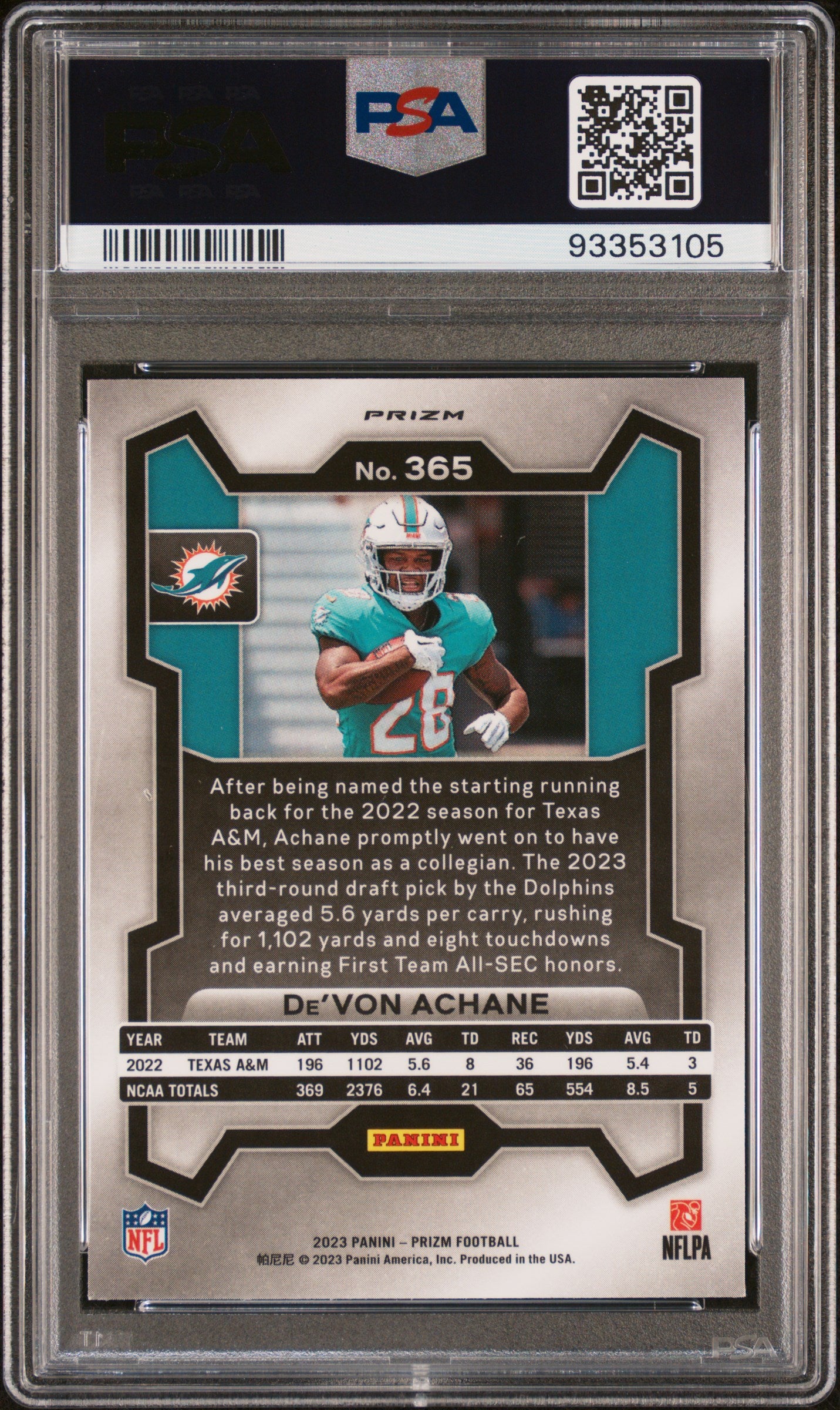 2023 Panini Prizm De'von Achane #365 Silver Prizm PSA 9