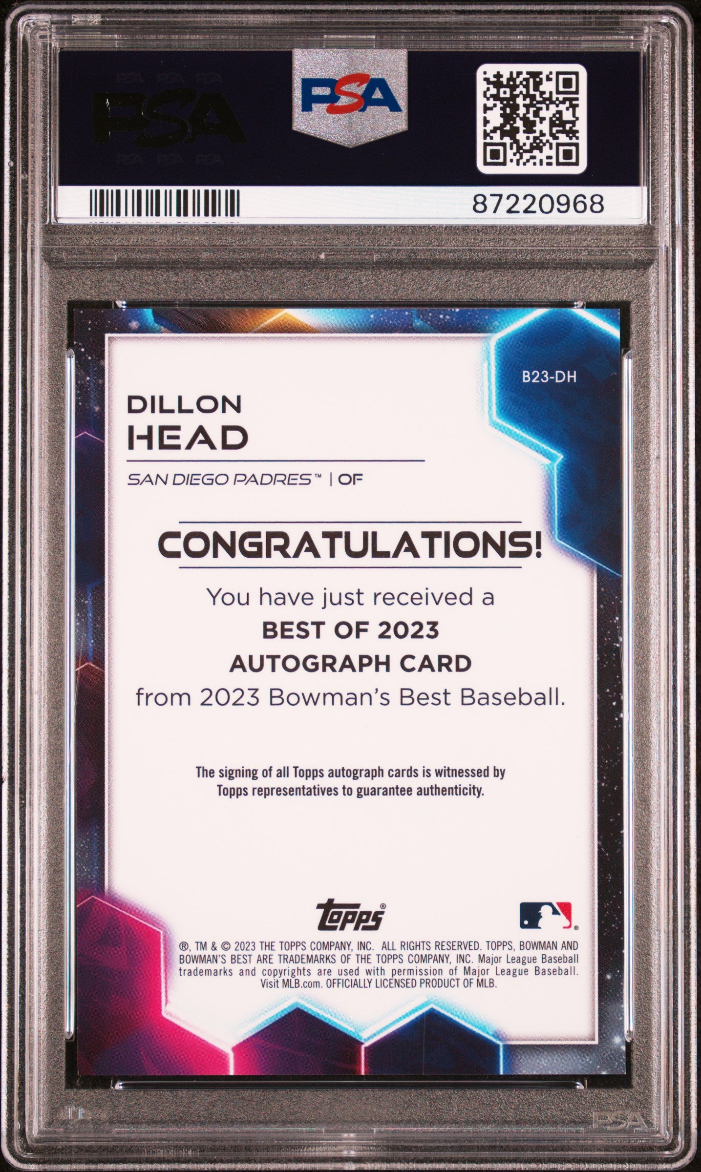 2023 Bowman's Best Best Of 2023 Autographs Dillon Head #B23DH Best Of 2023 Auto Gold Ref PSA 10