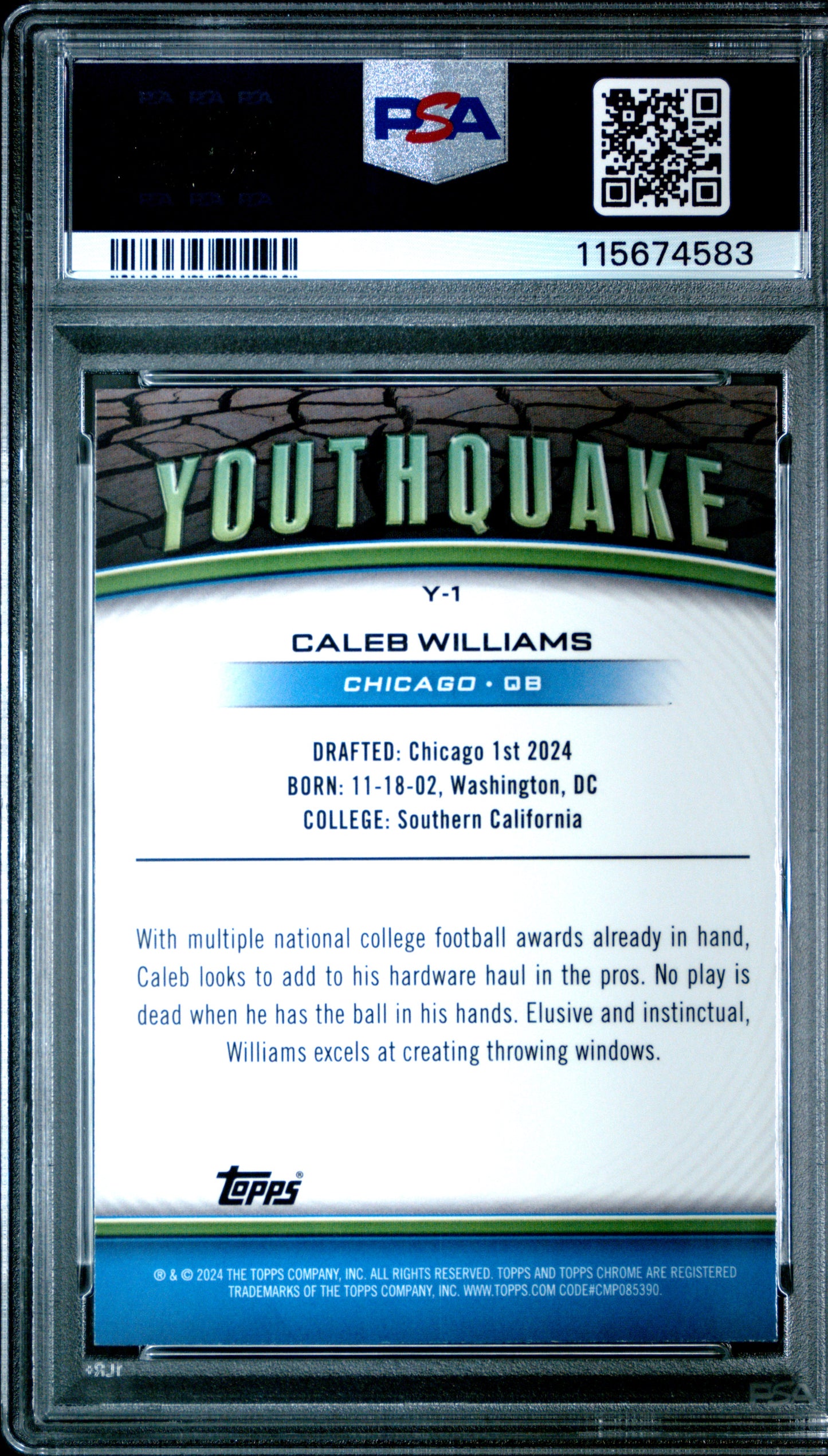 2024 Topps Chrome Youthquake Caleb Williams #Y1 Pink Ref PSA 10