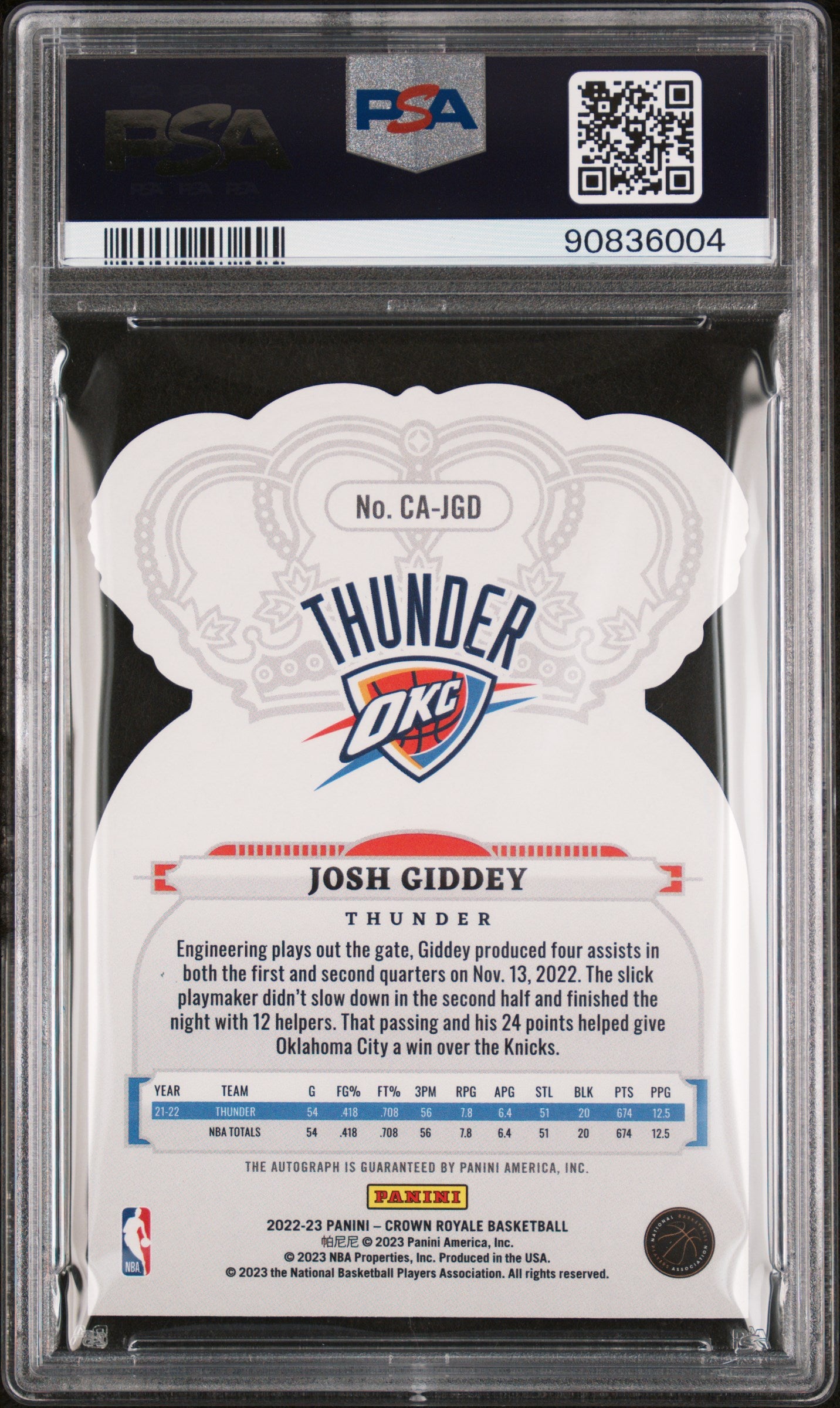 2022 Panini Crown Royale Crown Auto Josh Giddey Crown Blue PSA 10