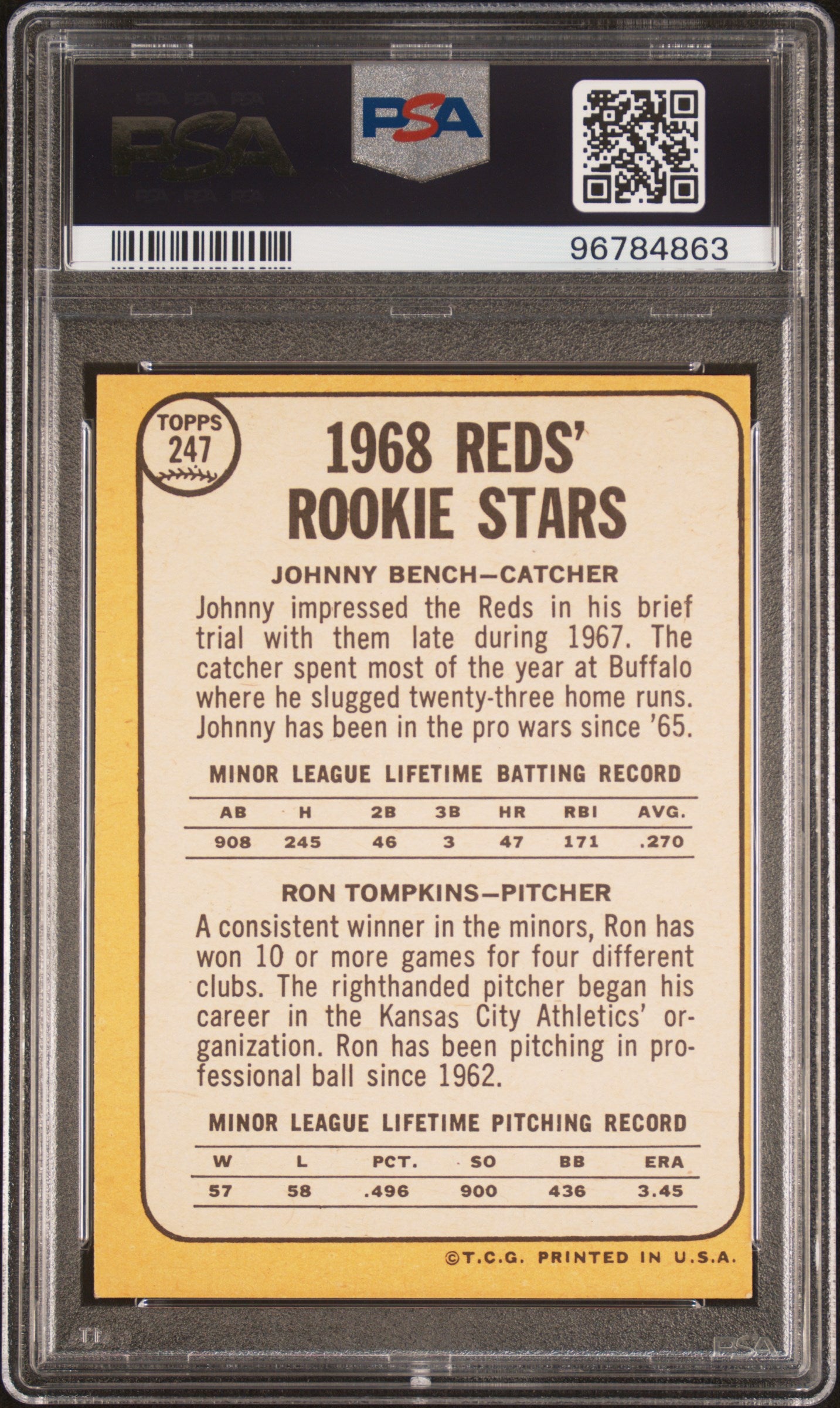 1968 Topps Reds Rookies #247 J. Bench R. Tompkins PSA 4