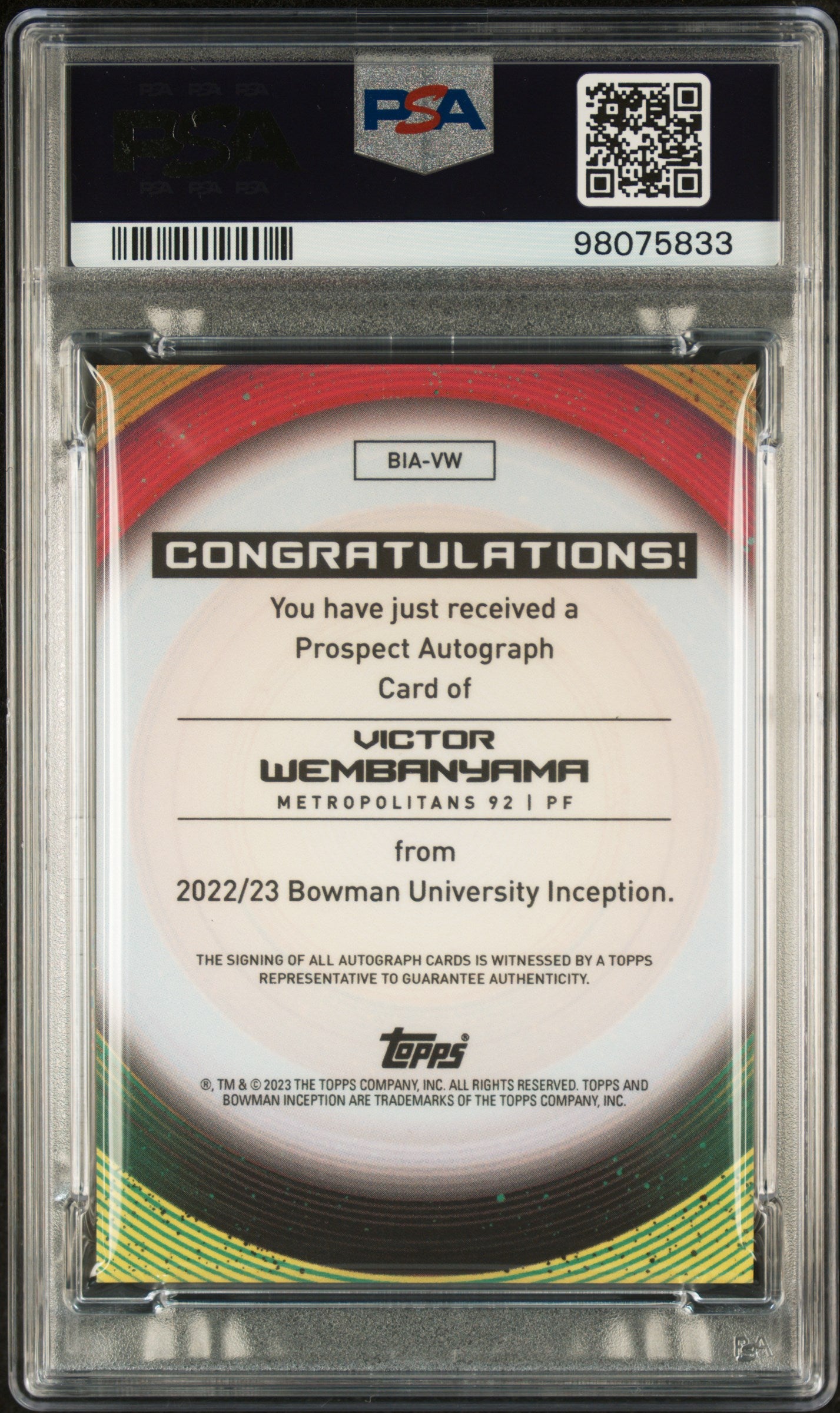 2022 Bowman University Inception Auto Victor Wembanyama #VW Fuchsia Foil PSA 10