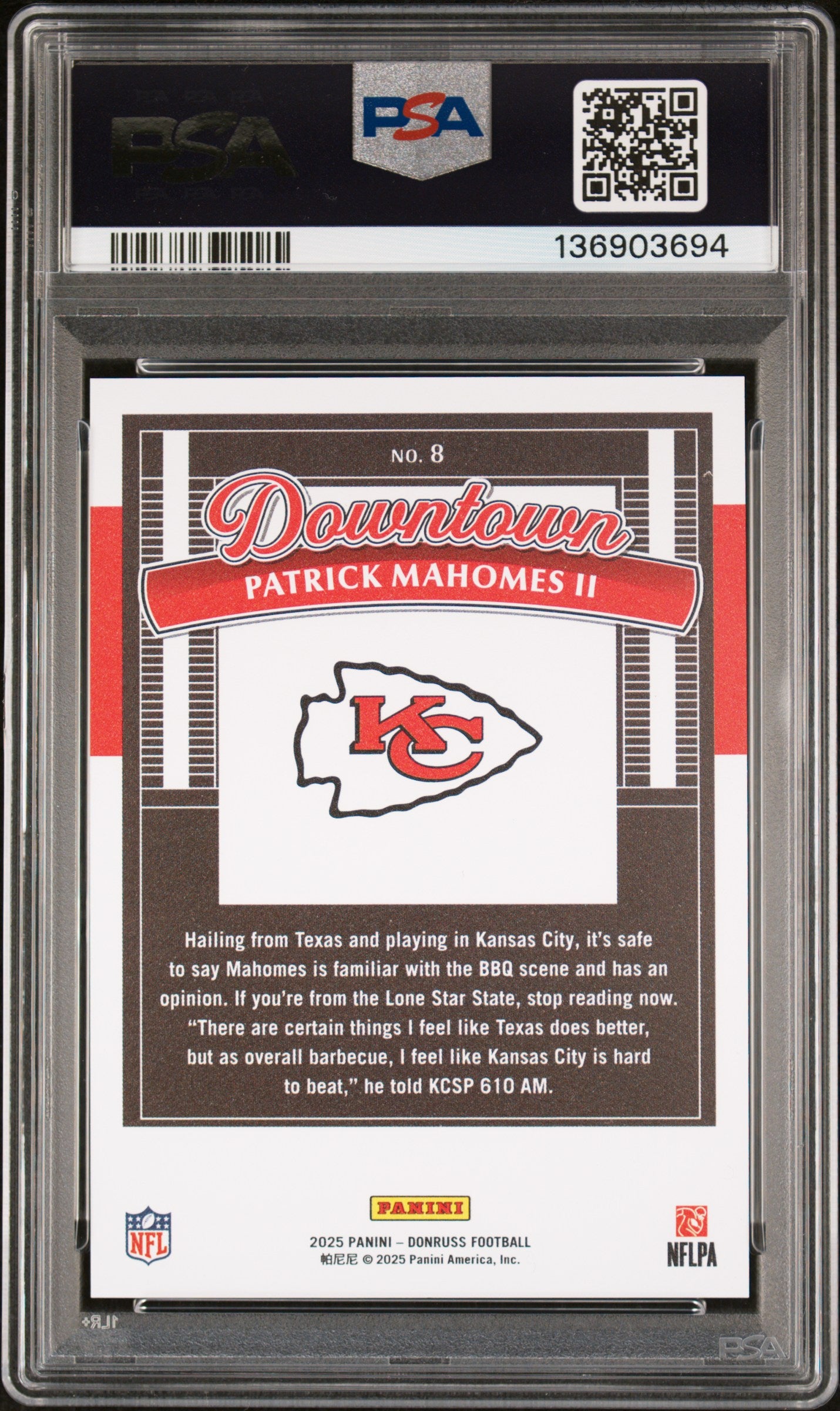 2025 Panini Donruss Downtown Patrick Mahomes II #8 PSA 10