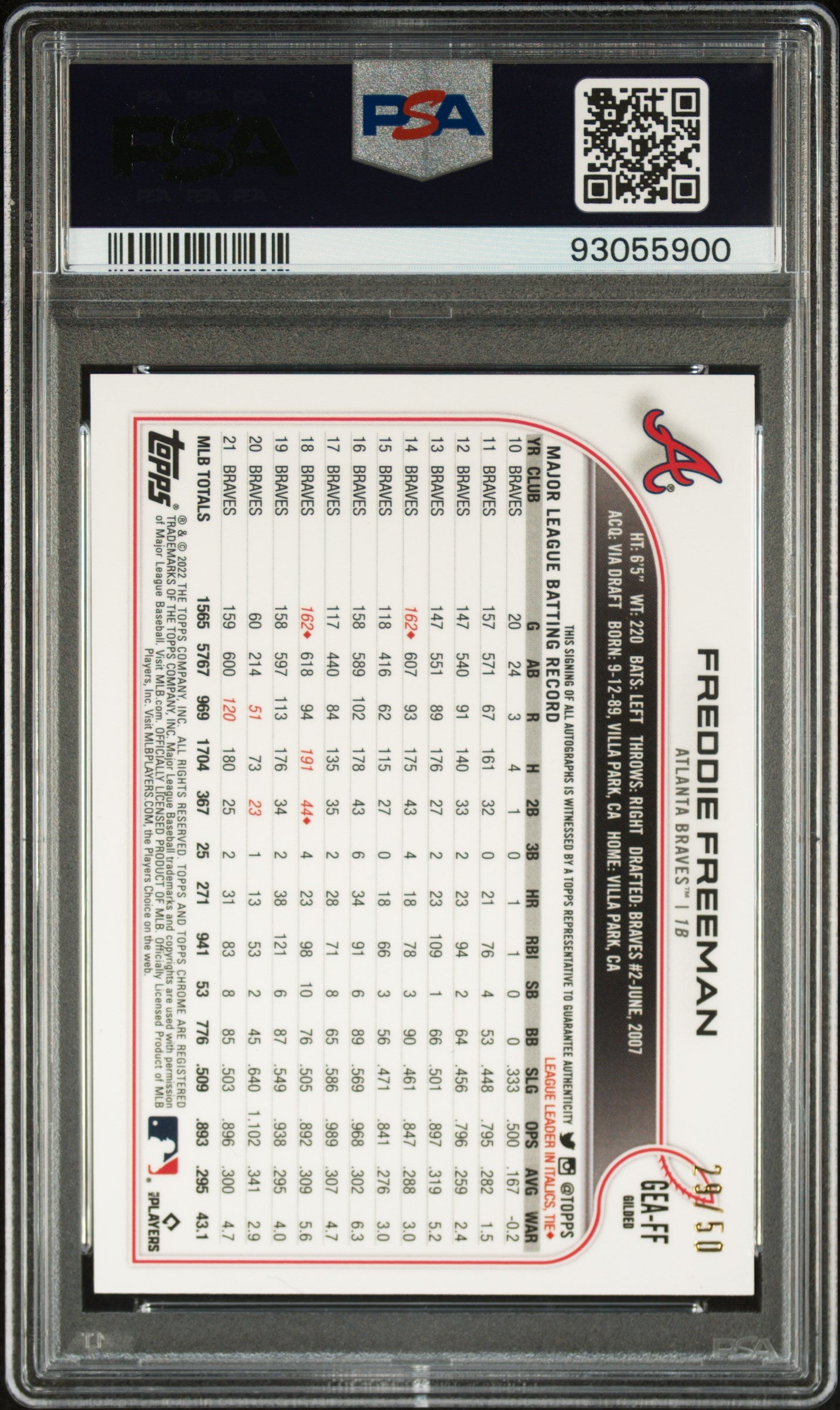 2022 Topps Gilded Collection Gold Etch Autographs Freddie Freeman PSA 9