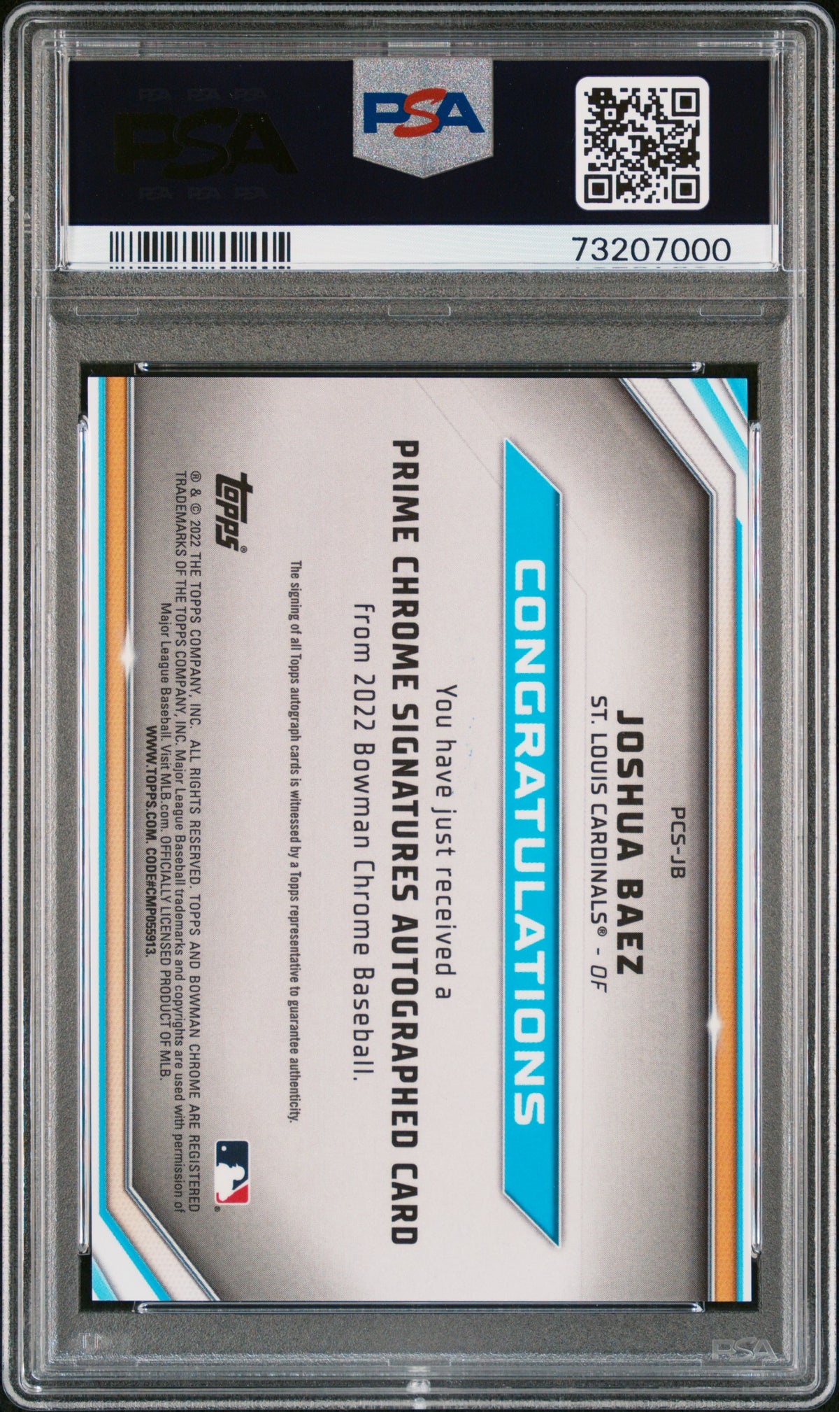 2022 Bowman Chrome Prime Auto Joshua Baez Orange /25 PSA 9 Auto 10