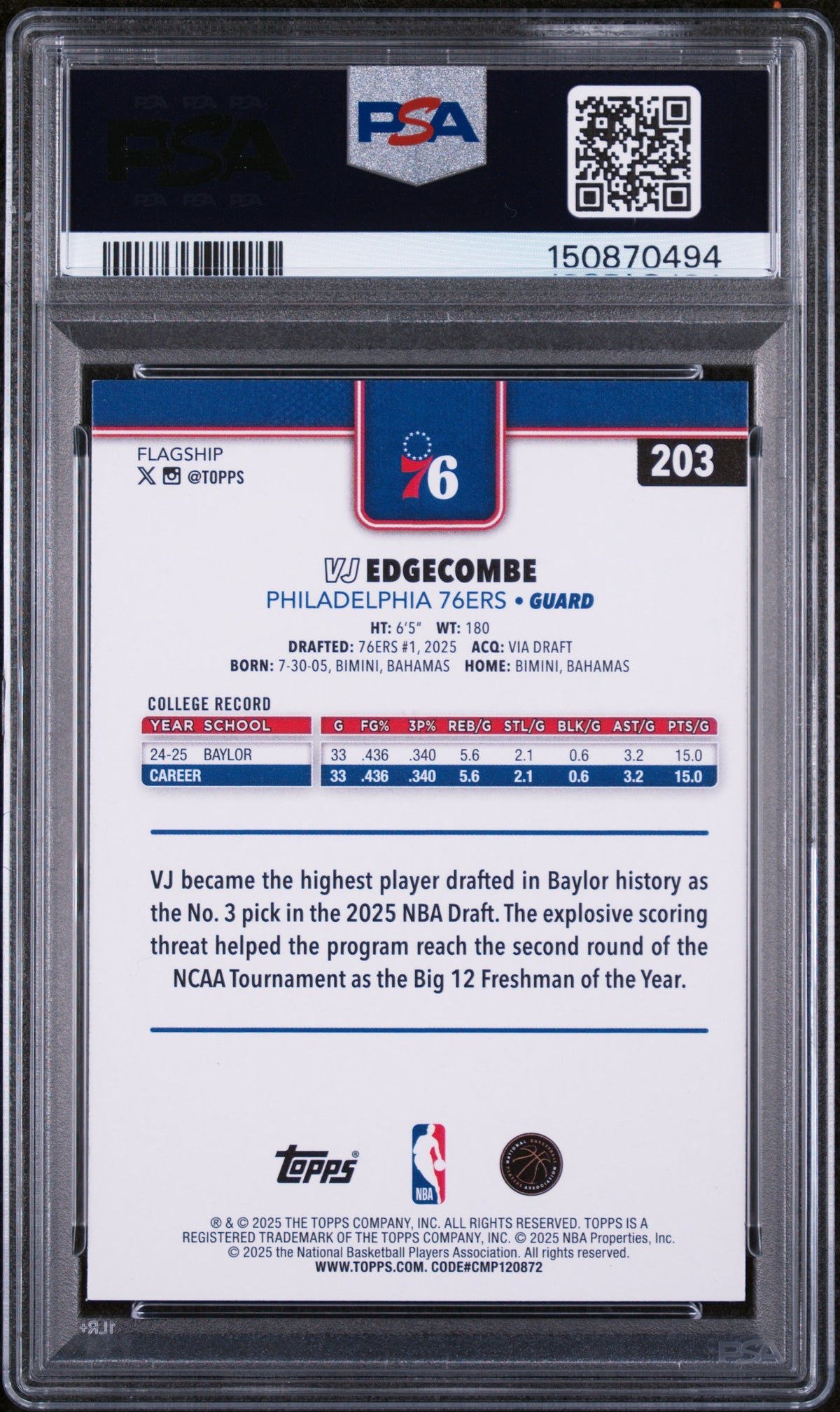 2025 Topps VJ Edgecombe #203 PSA 10