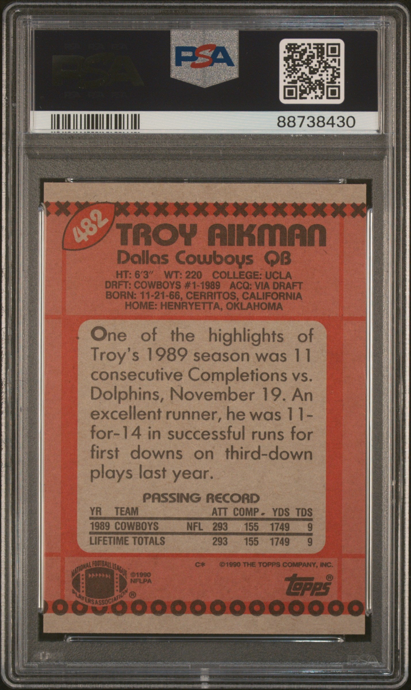 1990 Topps Troy Aikman #482 PSA 9