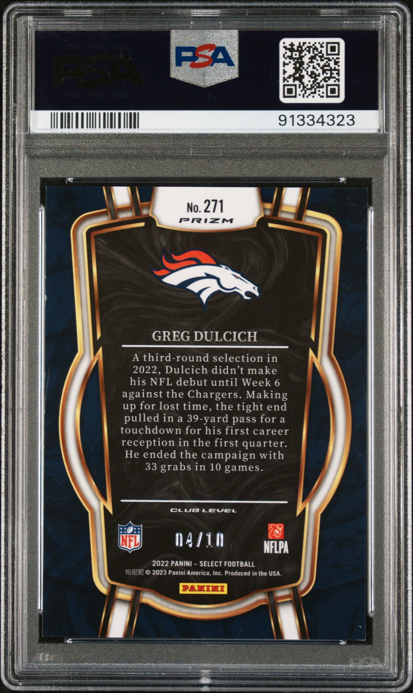 2022 Panini Select Greg Dulcich #271 Gold Disco Prizm PSA 9
