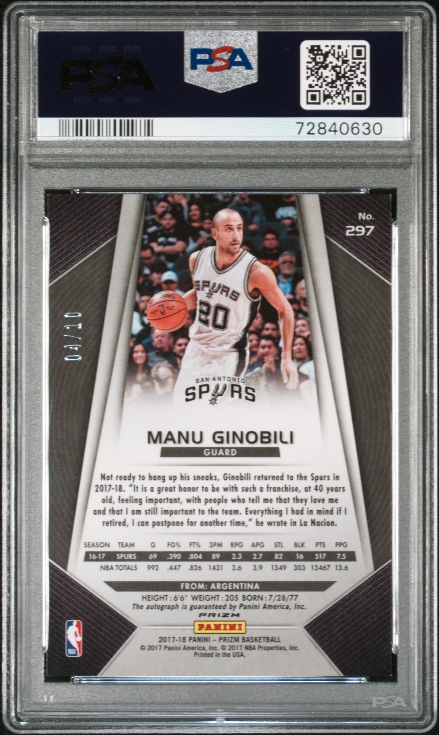 2017 Panini Prizm Manu Ginobili #297 Fast Break Au Gold PSA 9