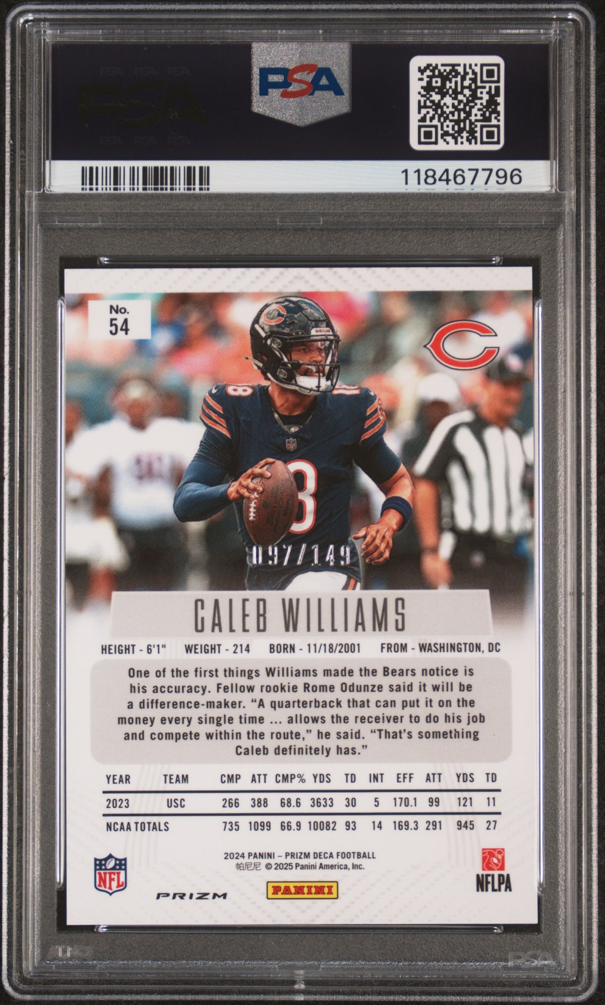 2024 Panini Prizm Deca Caleb Williams #54 Blue /149 PSA 9