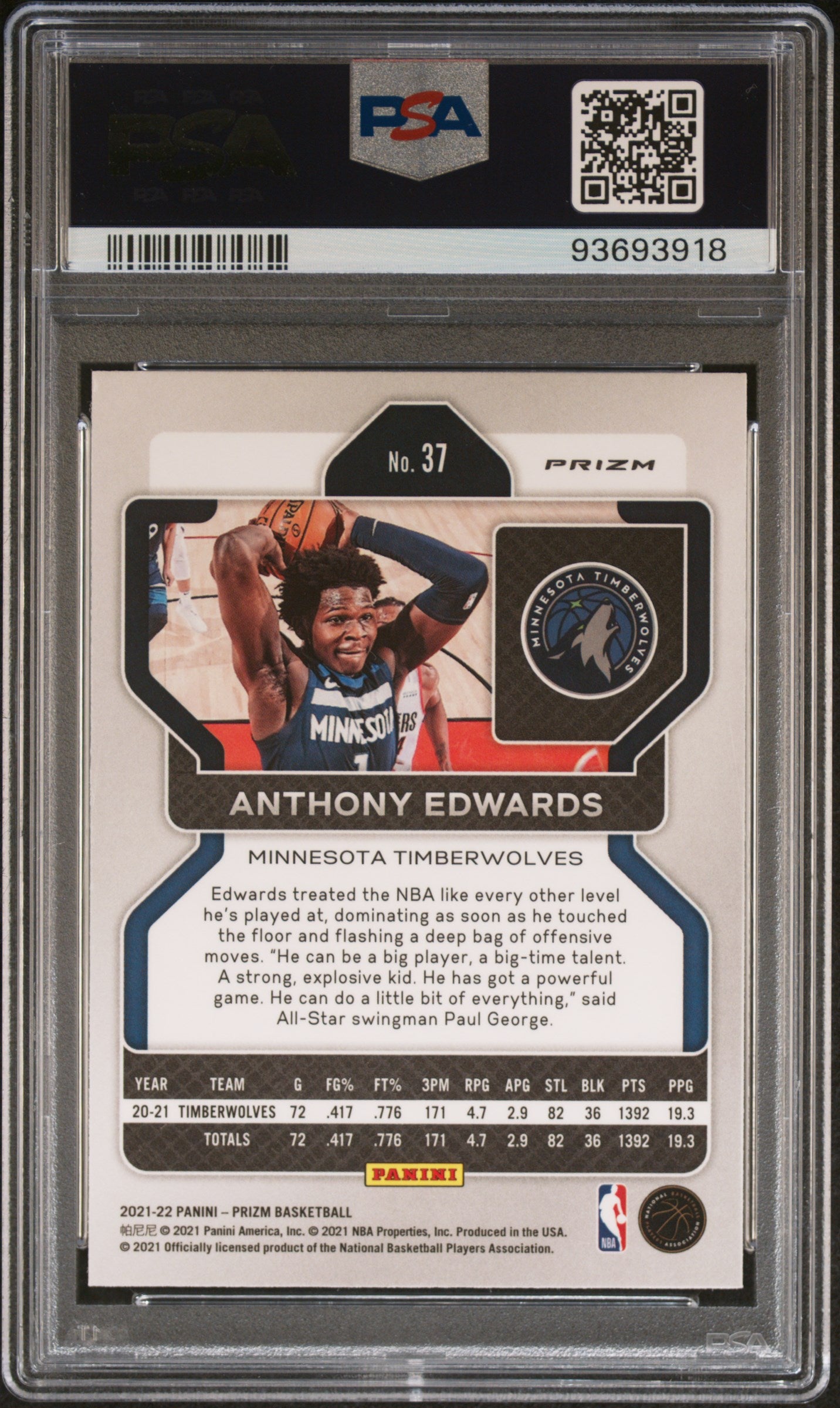 2021 Panini Prizm Anthony Edwards #37 Red Ice PSA 10