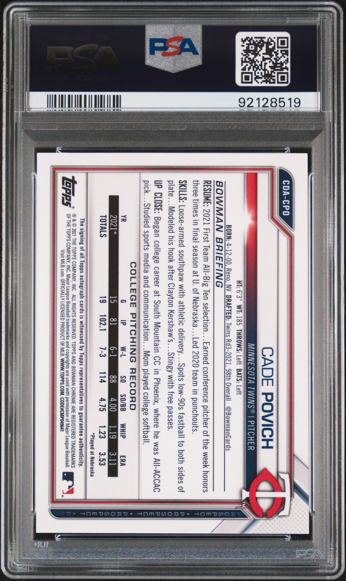 2021 Bowman Draft Chrome Draft Pick Autographs Cade Povich Purple PSA 9