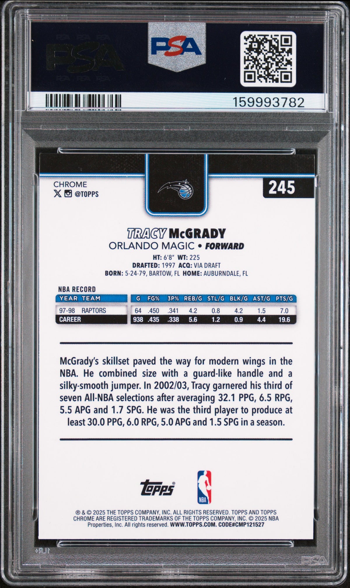 2025 Topps Chrome Tracy Mcgrady #245 Aqua Raywave 016/199 PSA 10